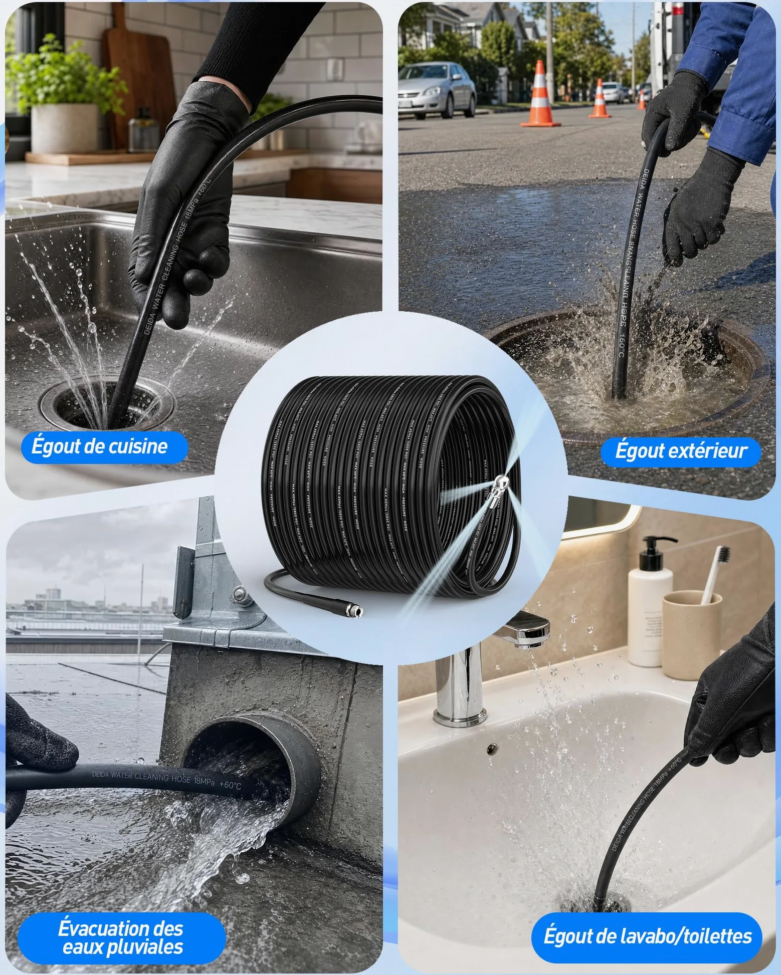 10m Deboucheur Canalisation Haute Pression - Nettoyage en profondeur | pour Karcher K2-K7, Bosch AQT, Lavor, deboucheur canalisation avec 4 buses à jet et 3 adaptateurs