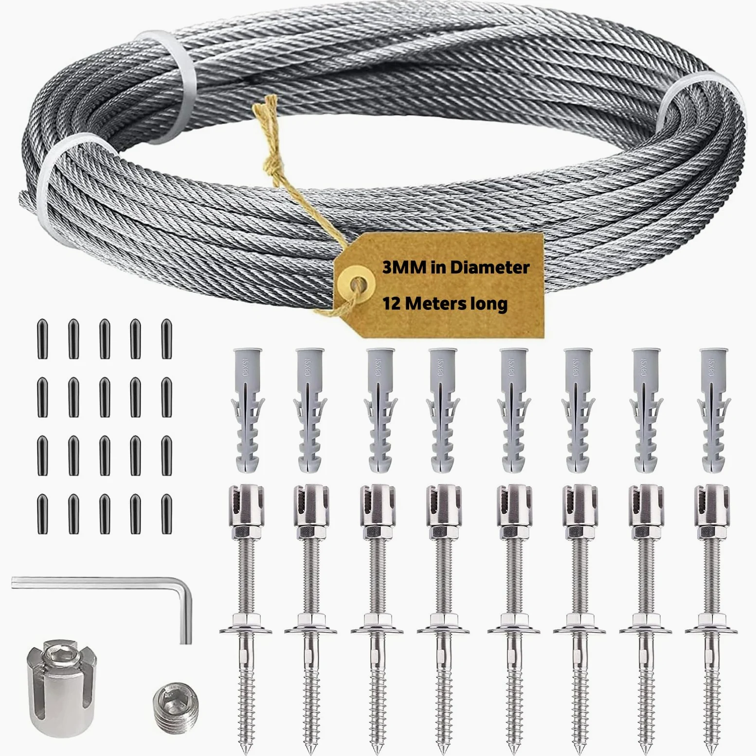 Support pour Plantes Grimpantes, 12m Kit Treillis Fil, 3 mm Corde en Acier Inoxydable Kit avec 8 Supports Muraux pour Vignes Fleurs Légumes