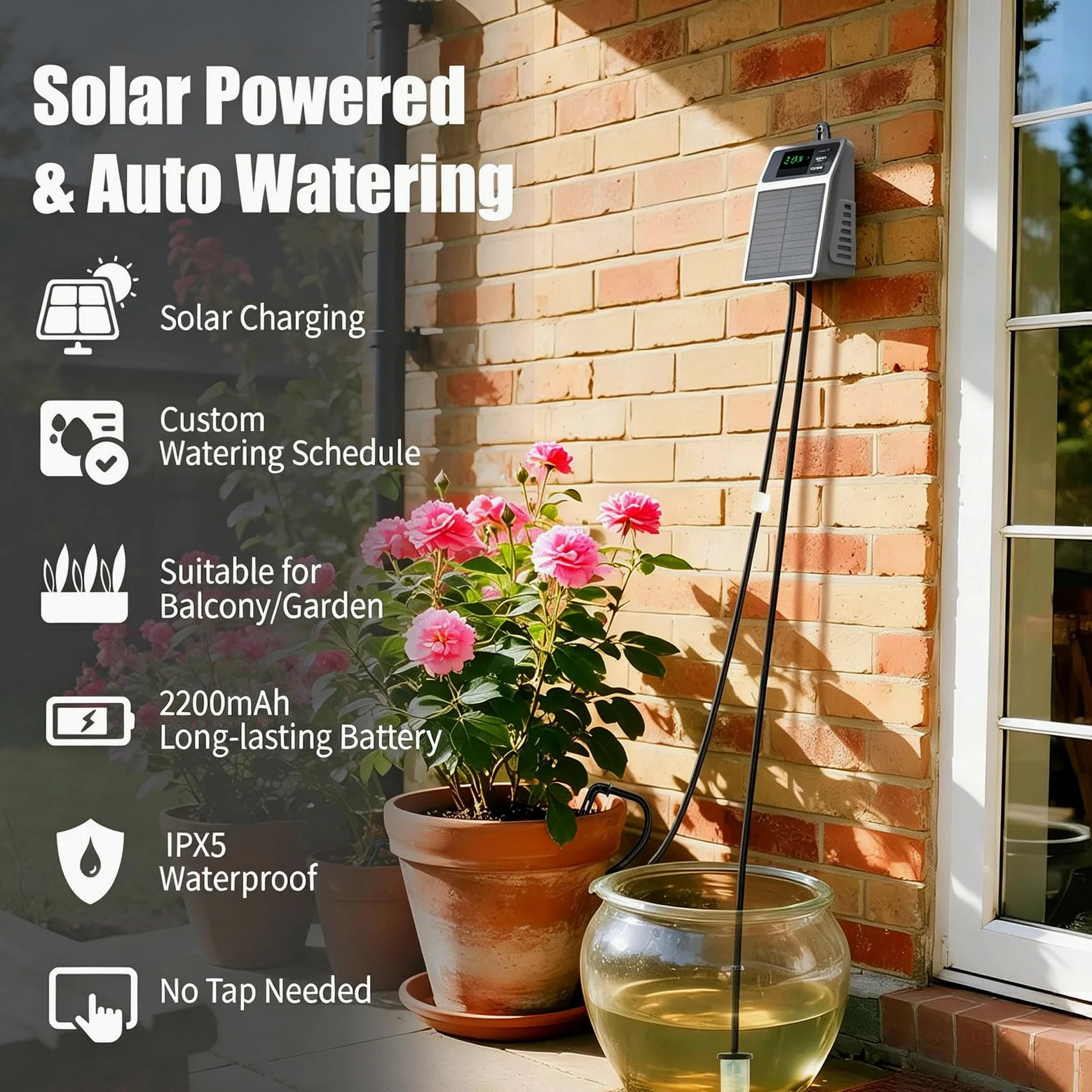 Système d'arrosage automatique solaire goutte à goutte avec tuyau d'arrosage de 10 m | Pompe d'arrosage automatique pour jardin, plantes en pot, serre, terrasse, intérieur et extérieur