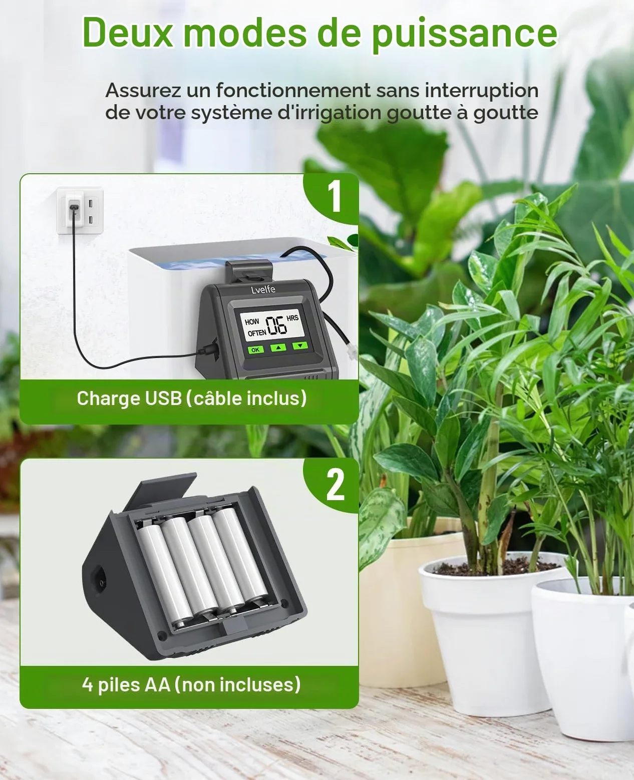 Lvelfe Système d'arrosage automatique, Kit d'irrigation goutte à goutte automatique, affichage LED et alimentation USB, système d'irrigation d'intérieur pour plantes en pot
