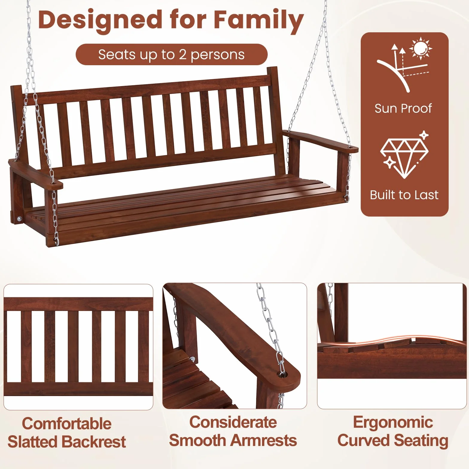 KOMFOTTEU Banc Suspendu 2-3 Places Balançoire Jardin Bois Massif Fauteuil Suspendu Charge 230/360 kg 168x65x63 cm Marron