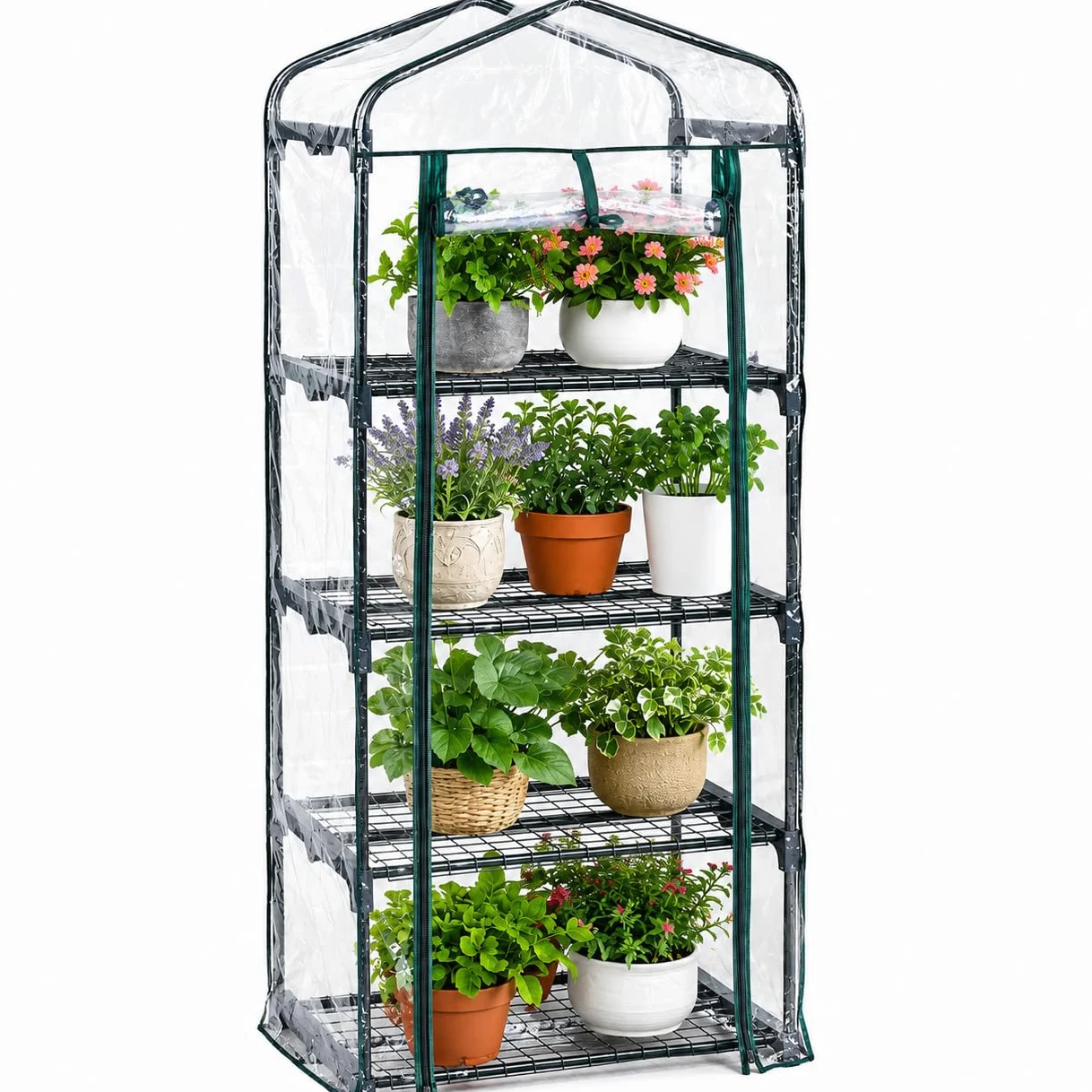 Mini serre de qualité supérieure à 4 niveaux avec cadre, étagères robustes, adaptée pour les plantes d'intérieur/extérieur, avec housse renforcée en polyéthylène enroulable résistante aux