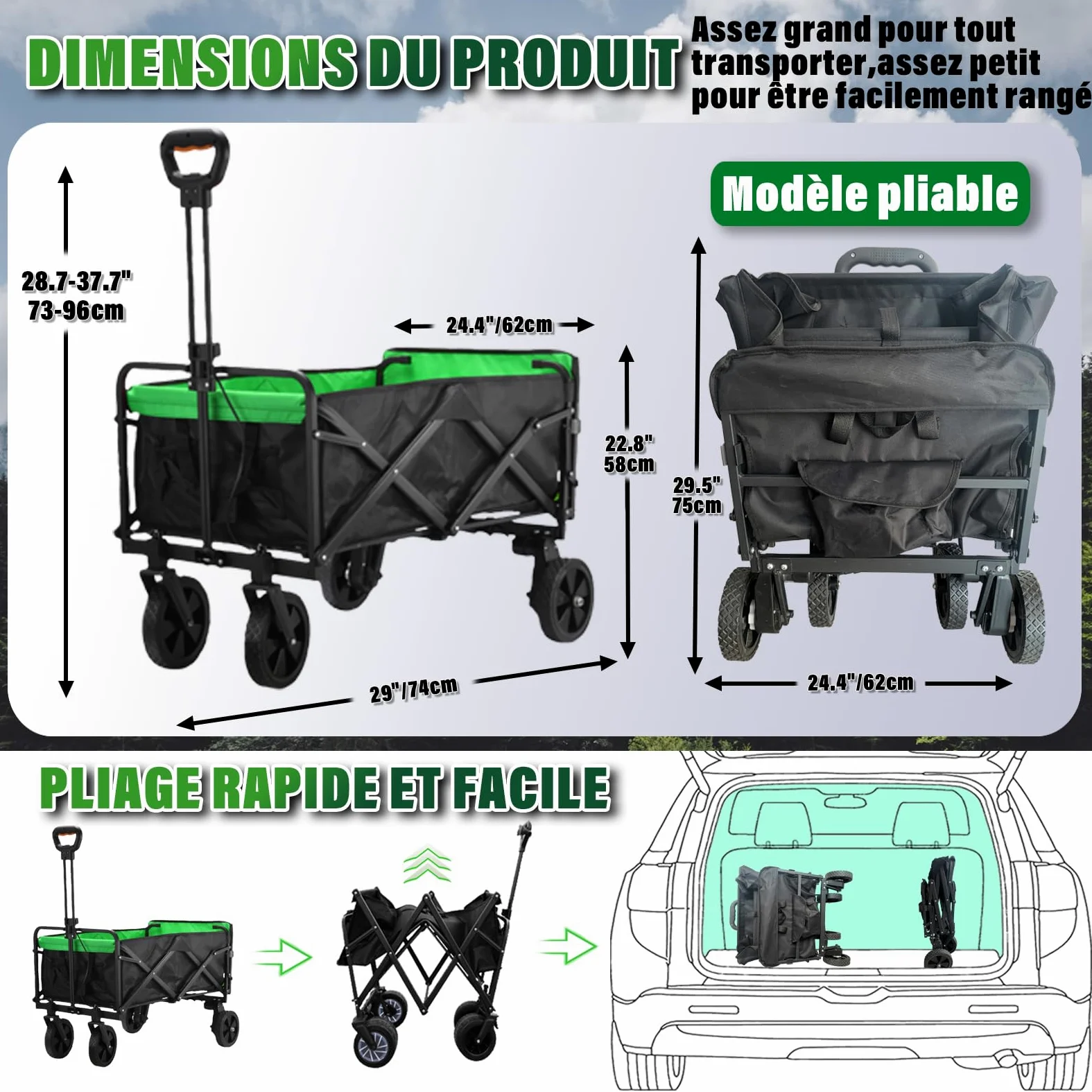 Chariot Électrique Pliable Tout -Terrain 160L/50kg avec Hayon, Noir | Chariot de Plage Pliable, Motorisation 4000mAh, Pneus Renforcés pour Plage, Camping, Jardin et Courses