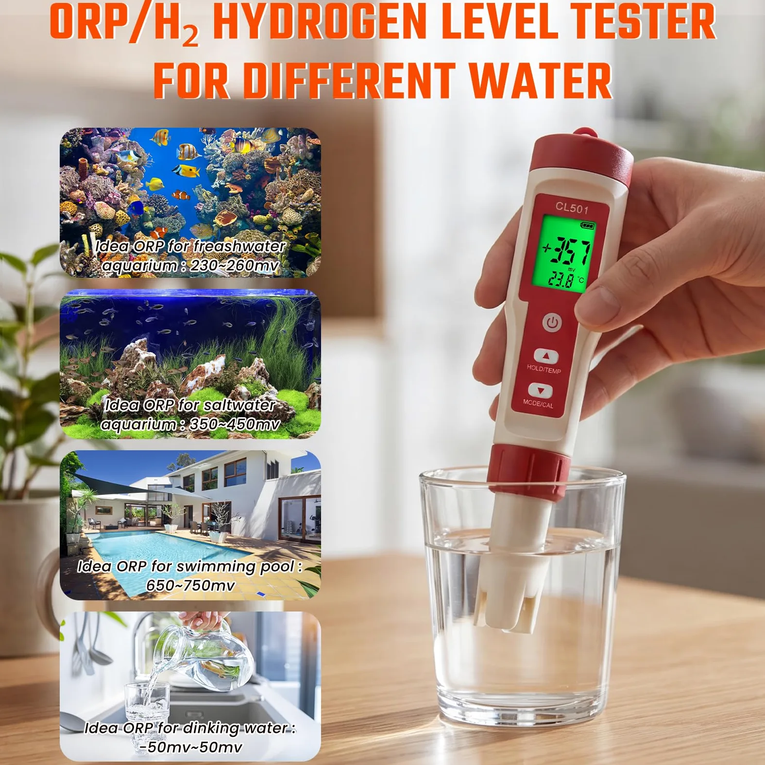 Testeur de Chlore Piscine Portatif Testeur de Qualité d'eau 5 en 1 Numérique Testeur de pH/Cl₂/ORP/H₂/Thermomètre Meter avec Bandelettes de Test pH et Display Backlit pour Spas Aquariums Hydroponique
