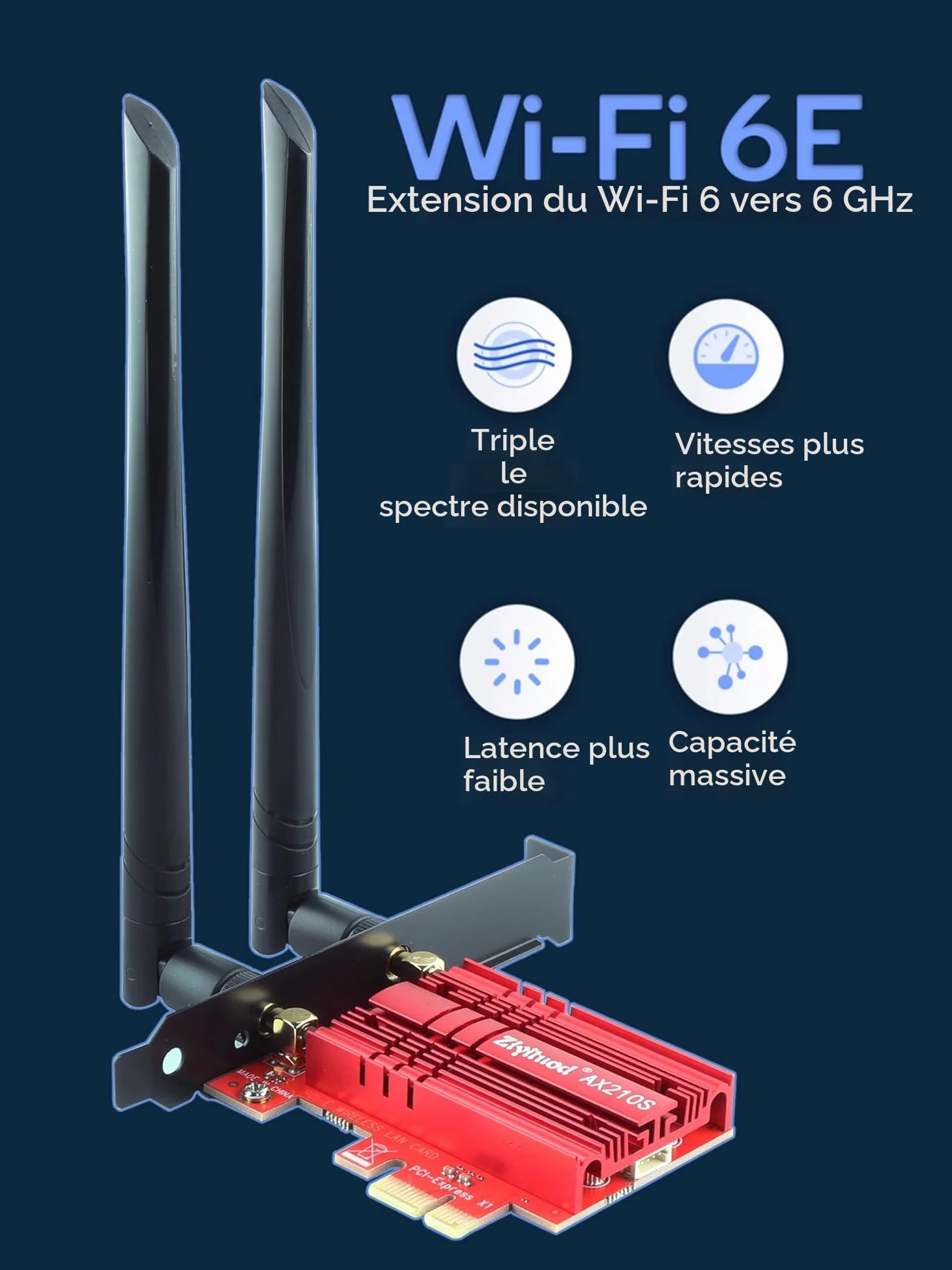 Intel WiFi 6E AX210 Carte WiFi 5400Mbps PCIe Bluetooth 5.3 Tri-Bandes 6GHz/5GHz/2.4GHz pour PC Win 11/10