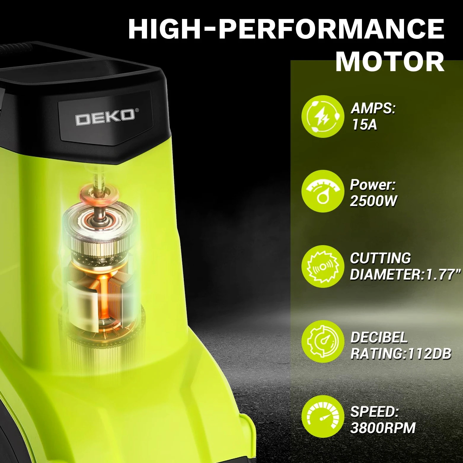 DEKOPRO Broyeur de Branches Broyeur Végétaux Électrique 2500W - Coupe 45mm, Lame Disque, Moteur Puissant, Broyeur Vegetaux Electrique Idéal Broyeur Vegetaux et Branches