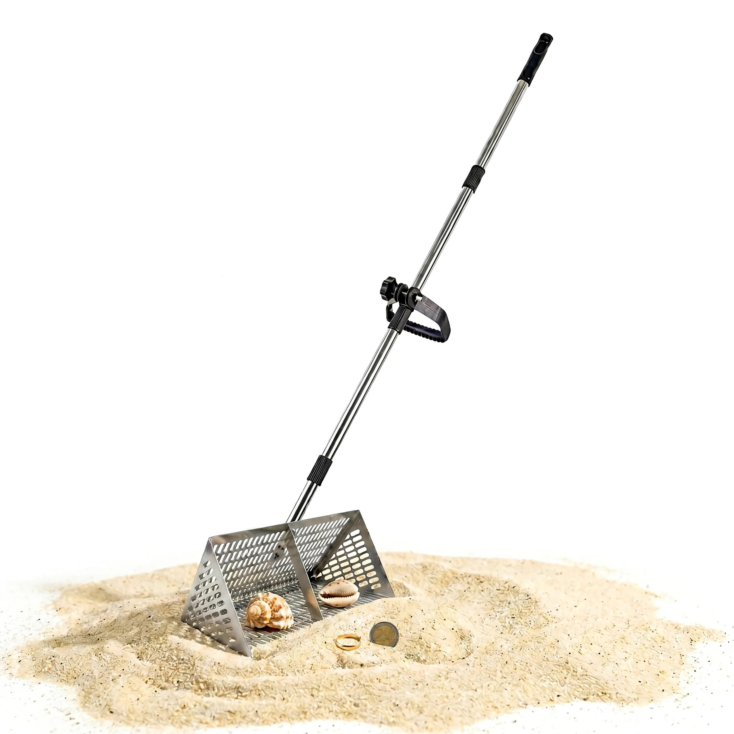 Râteau Plage Relaxdays, Tamis 40 cm, Manche 140 cm, Chasse au trésor/détecteur de métaux & pêche, INOX argenté
