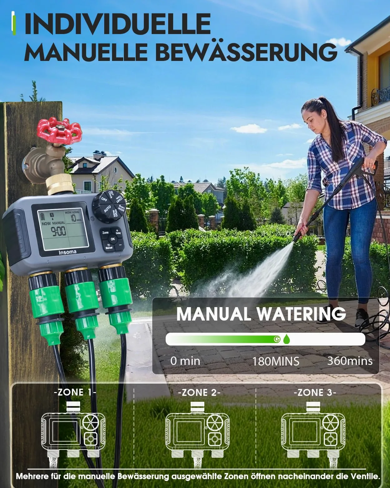 Insoma Horloge d'arrosage à 3 zones, entrée et sortie en laiton + étanche IPX5, arrosage automatique/manuel, retard de pluie et grand écran, minuterie de robinet pour jardin, pelouse et tuyaux de cour