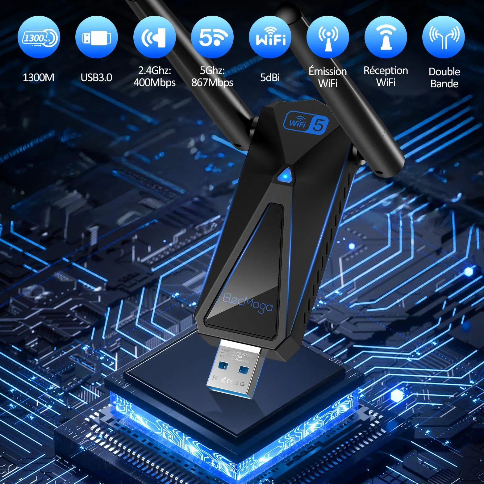 ElecMoga Clé WiFi 1300Mbps USB 3.0 Dual Band 2.4GHz/5GHz Antenne 2x5dBi Compatible Windows 11/10/8/7/Vista/XP Mac Linux