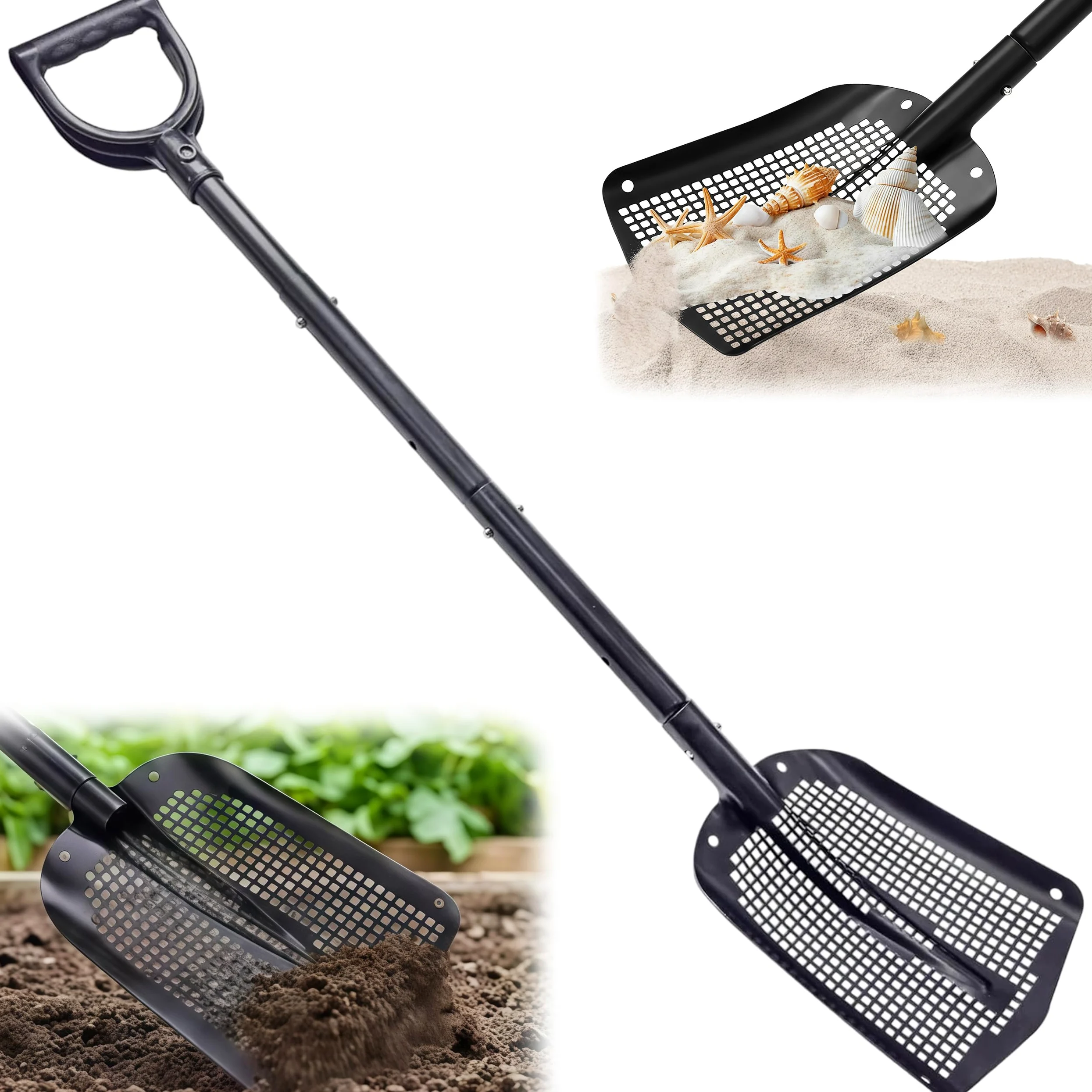 Tamis à Sable Portable avec Manche Réglable de 59 à 118 cm Tamis de Jardin | Alliage d'aluminium Pelle à Sable Ramasse-plage pour Chasse au Trésor Nettoyage de Poulailler Tamisage de Gravier