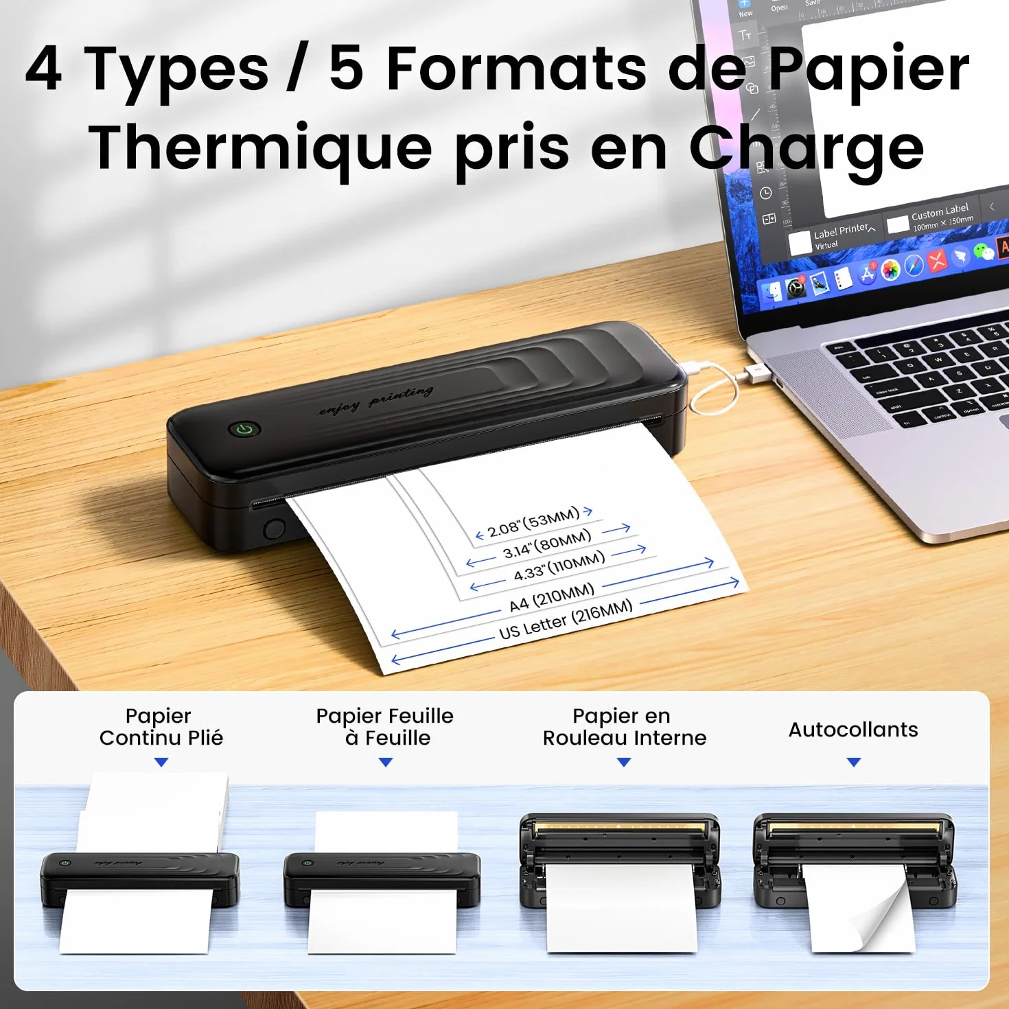 TATTMUSE Imprimante Thermique A4 Portable Bluetooth sans Encre pour Voyage, Noir