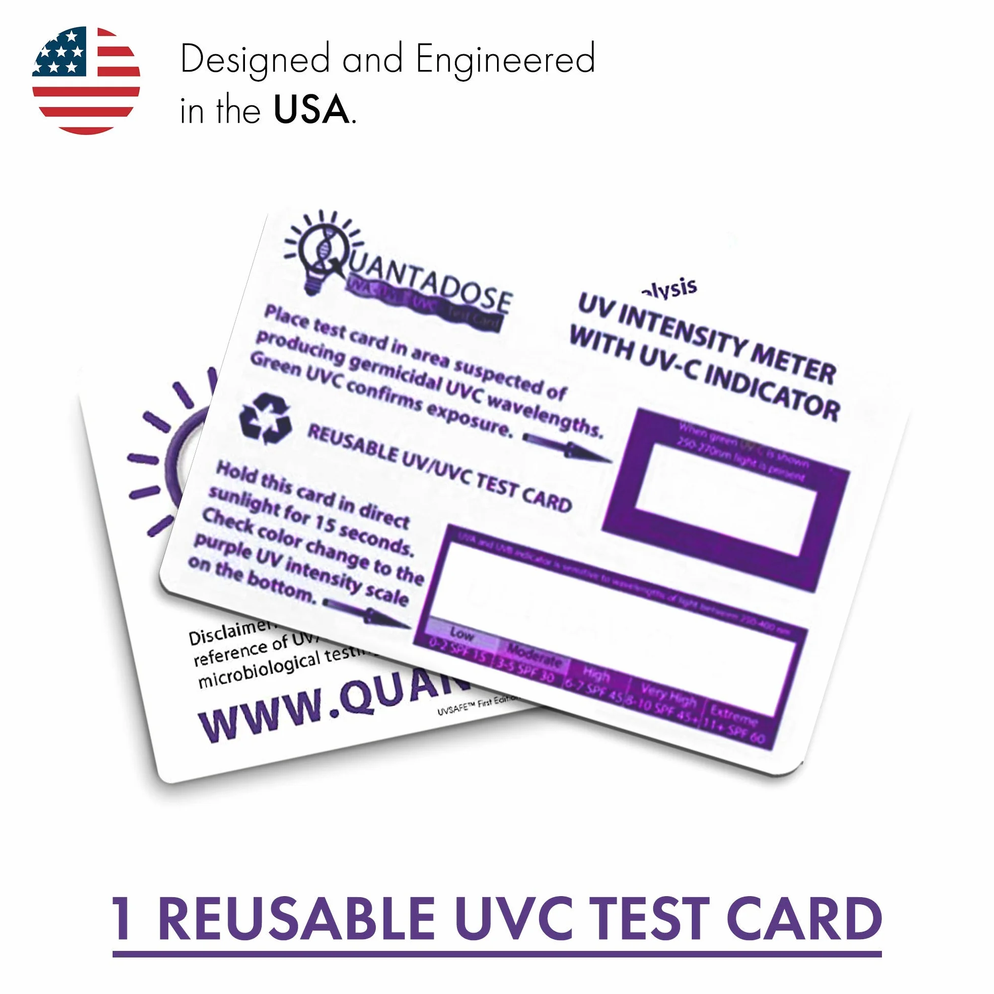 Carte de test UVC avec indicateur de longueur d'onde et test photochromique d'intensité UV