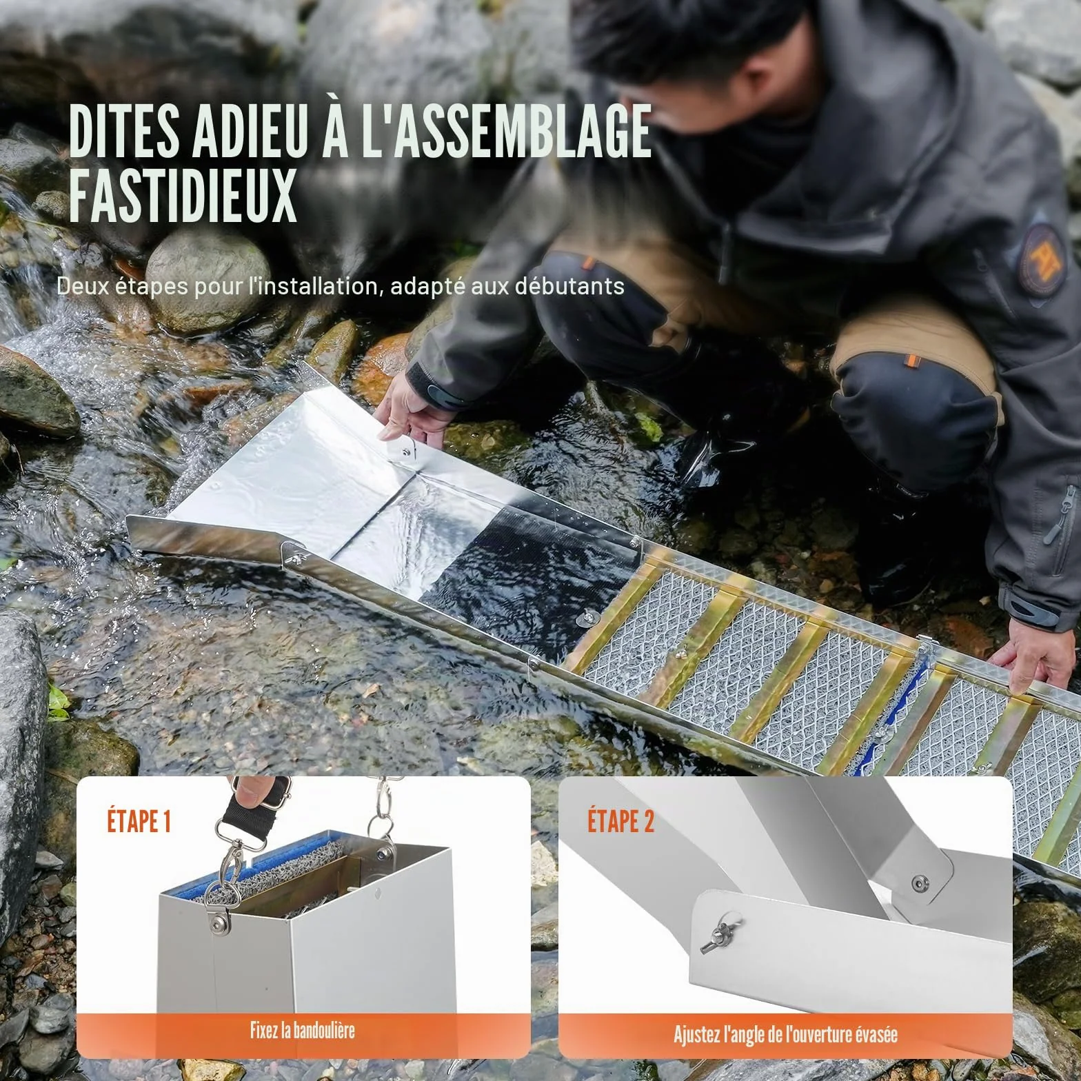 VEVOR Kit d'Orpaillage Portable 23 Pièces 127 cm Rampe d'Orpaillage en Aluminium avec Bâtée Tamis Pipettes Pelle