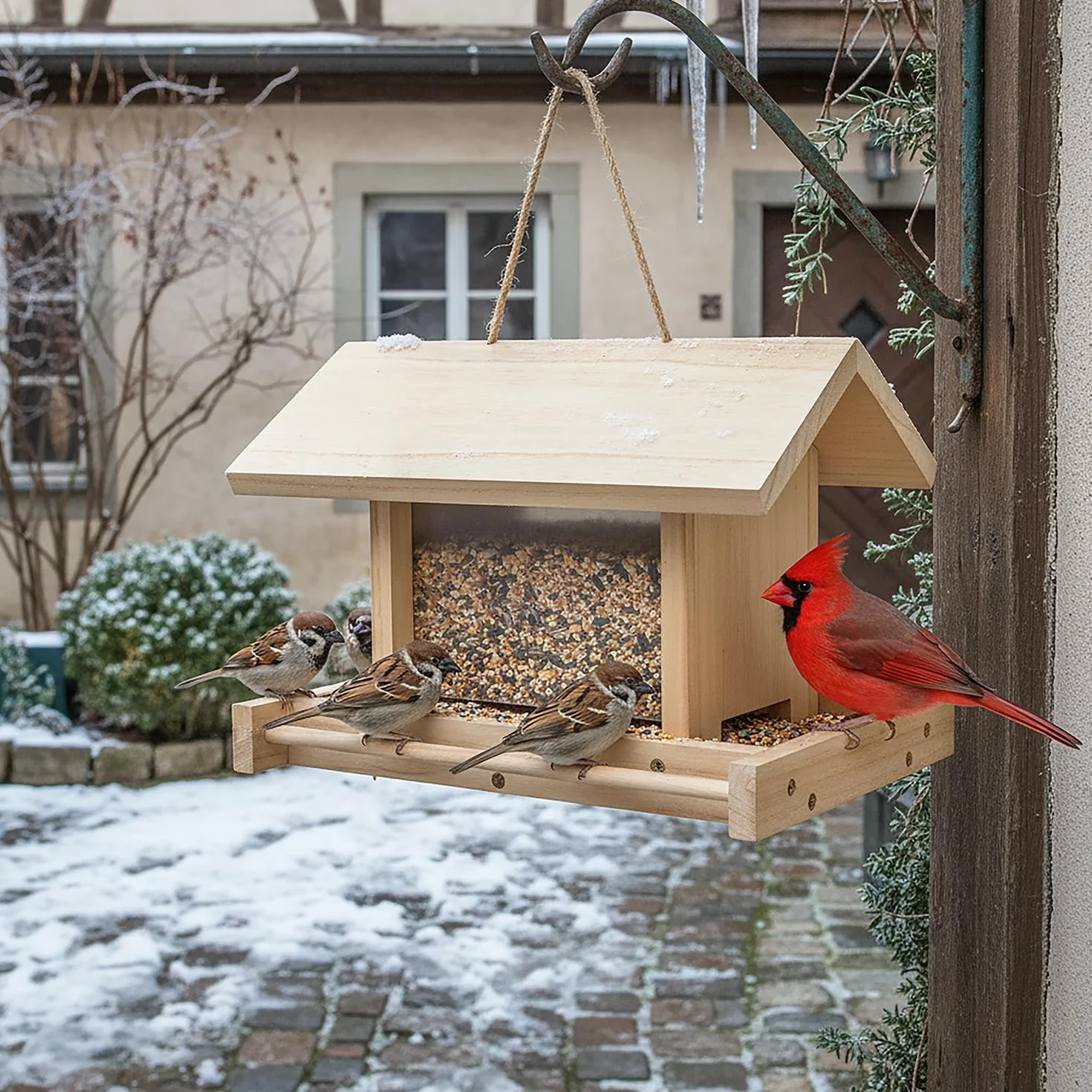 Mangeoire à Oiseaux en Bois Suspendue Grande Capacité pour Jardin Oiseaux Sauvages