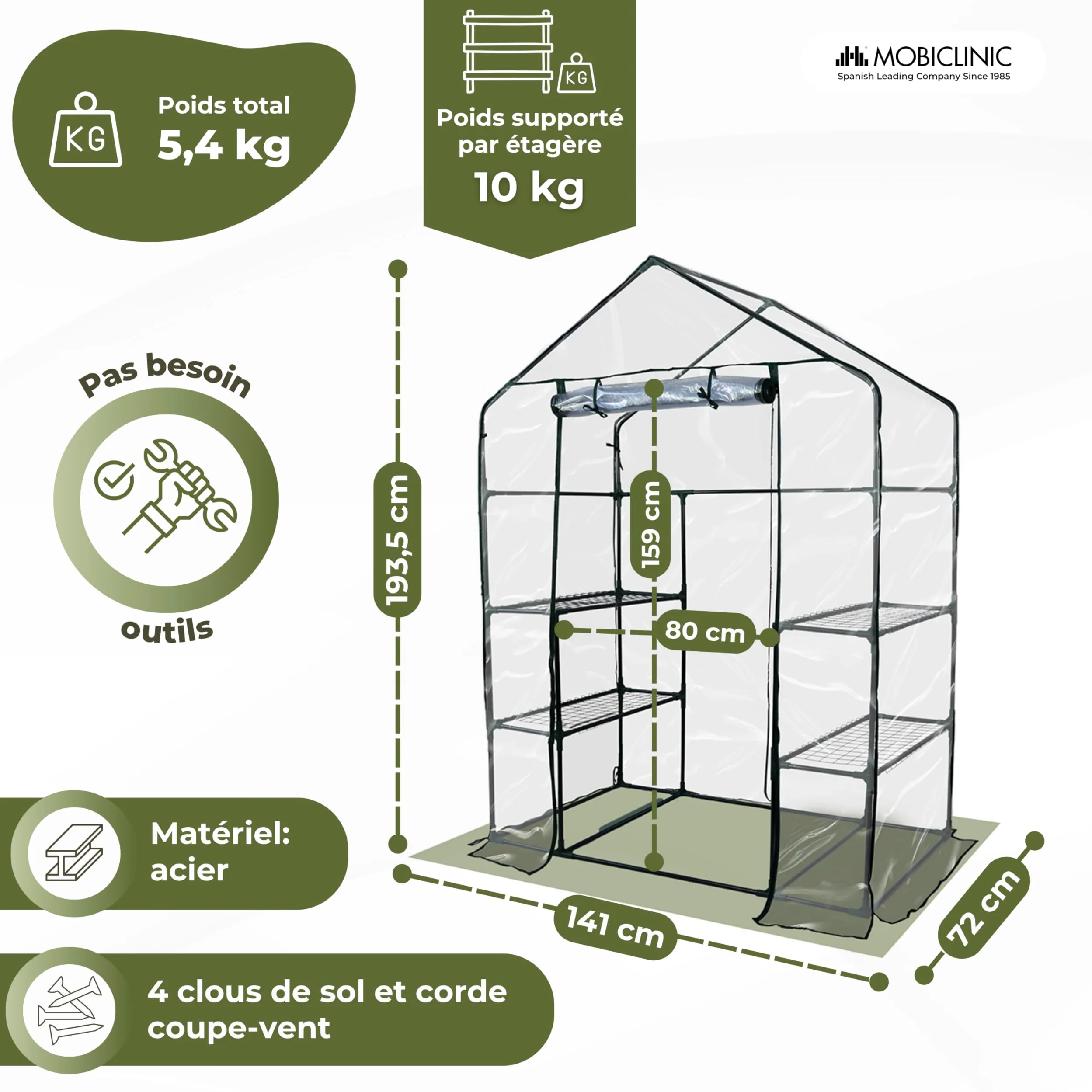 Mobiclinic®, Serre de Jardin, 143 x 73 x 195cm, Couverture en PVC et Porte Enroulable, 4 Étagères, Étanche, Home Grow, Pépinière Maison, Fixation Sécurisée, Idéal pour la Culture, Rustique