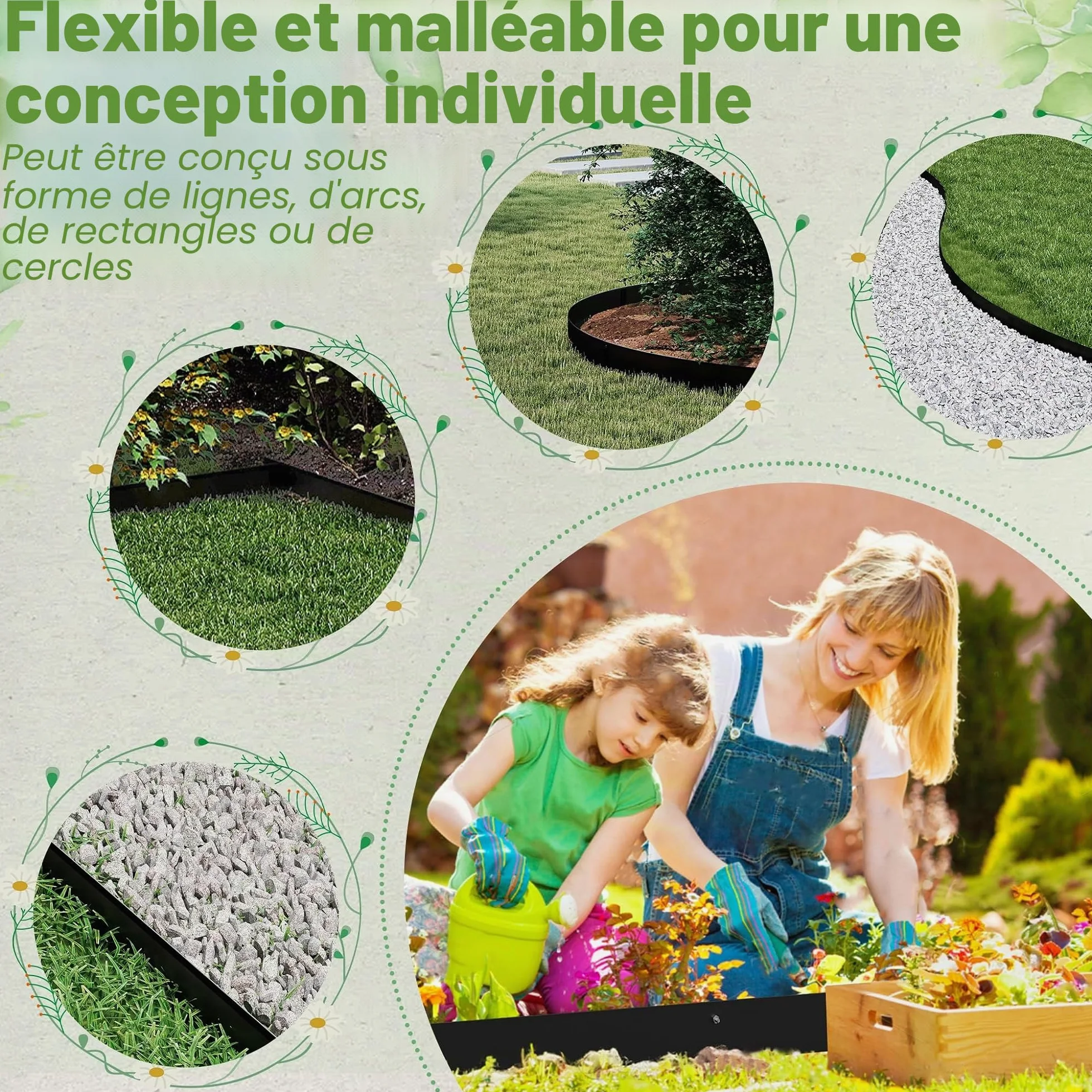FIVMEN Lot de 10 bordures de pelouse en métal galvanisé avec 50 piquets d'ancrage - délimitation flexible de parterre - Noir - 100 x 10 cm