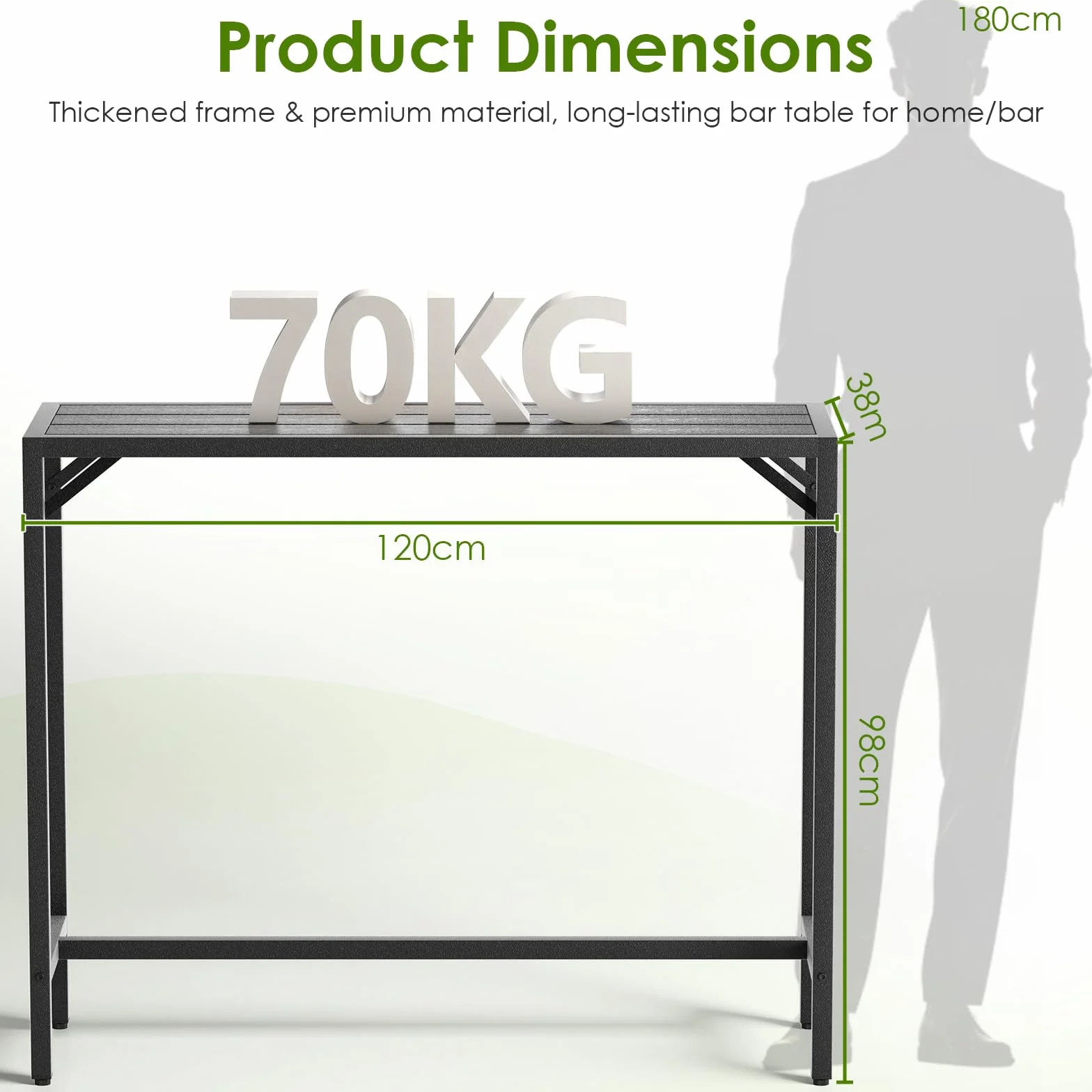 Table de Bar Exterieur LIFERUN 120 x 38 x 98 cm Pieds Réglables Plateau Étanche Noir