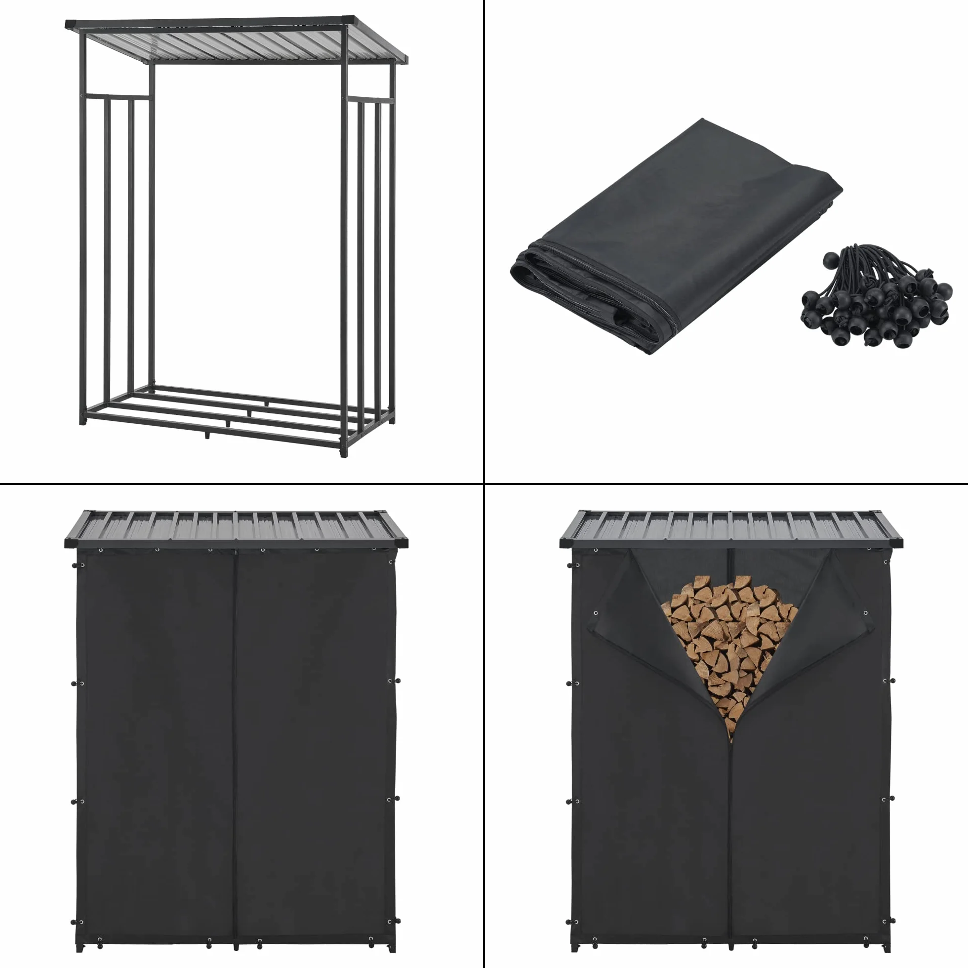 Casa.pro Abri-Bûches Couvert Housse Protection Support Bois de Chauffage Range-Bûches Stockage Extérieur Acier Galvanisé Laqué Polyester Métal Noir