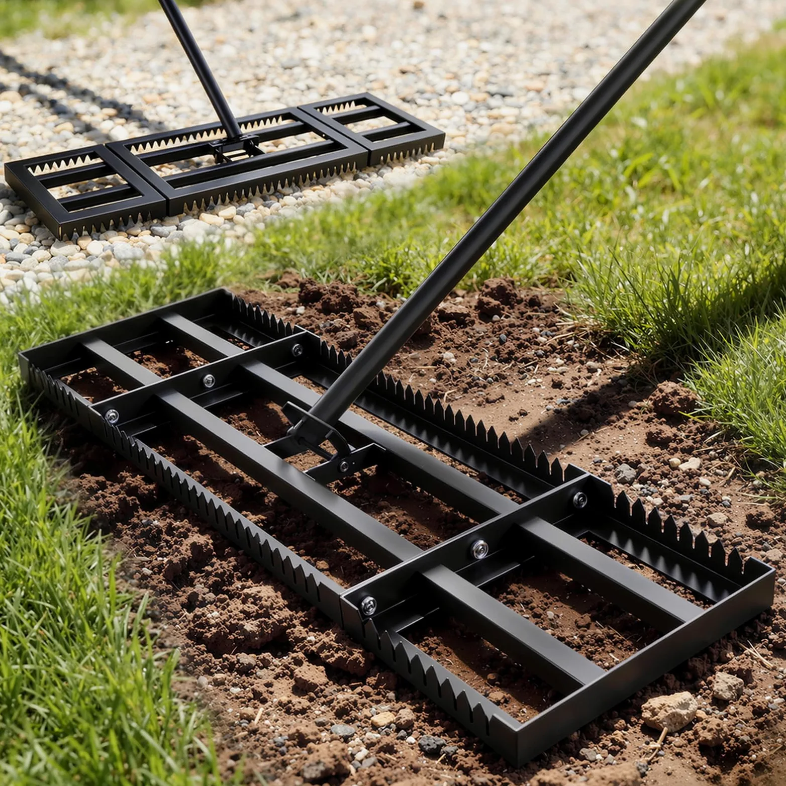 Housolution Râteau Niveleur de Pelouse 32"x10", Manche Réglable 72" | Avec Bord Dentelé & Plaque Lisse, Râteau Niveleur en Acier Inoxydable Résistant, pour Sol/Terre/Compost/Herbe Morte/Gravier