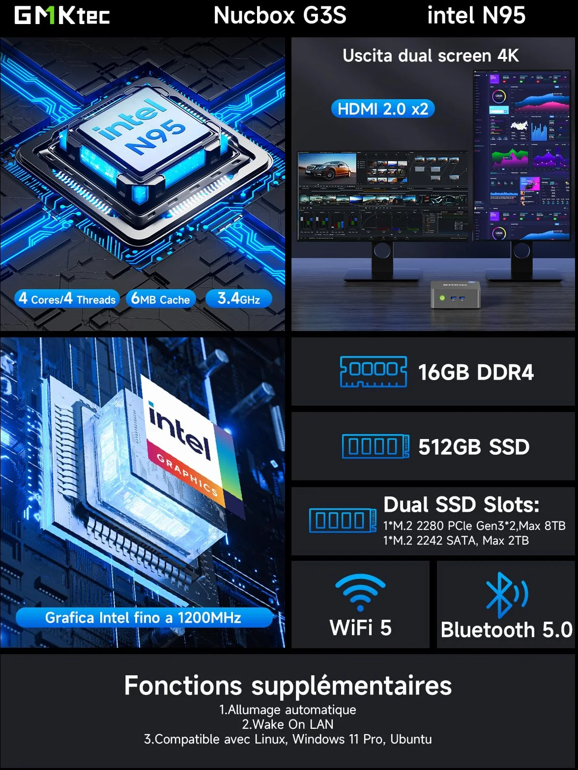GMKtec Nucbox G3S Mini PC Intel N95 8 Go RAM 256 Go SSD 3x USB 3.2 Double HDMI 4K WiFi 5 BT5.0