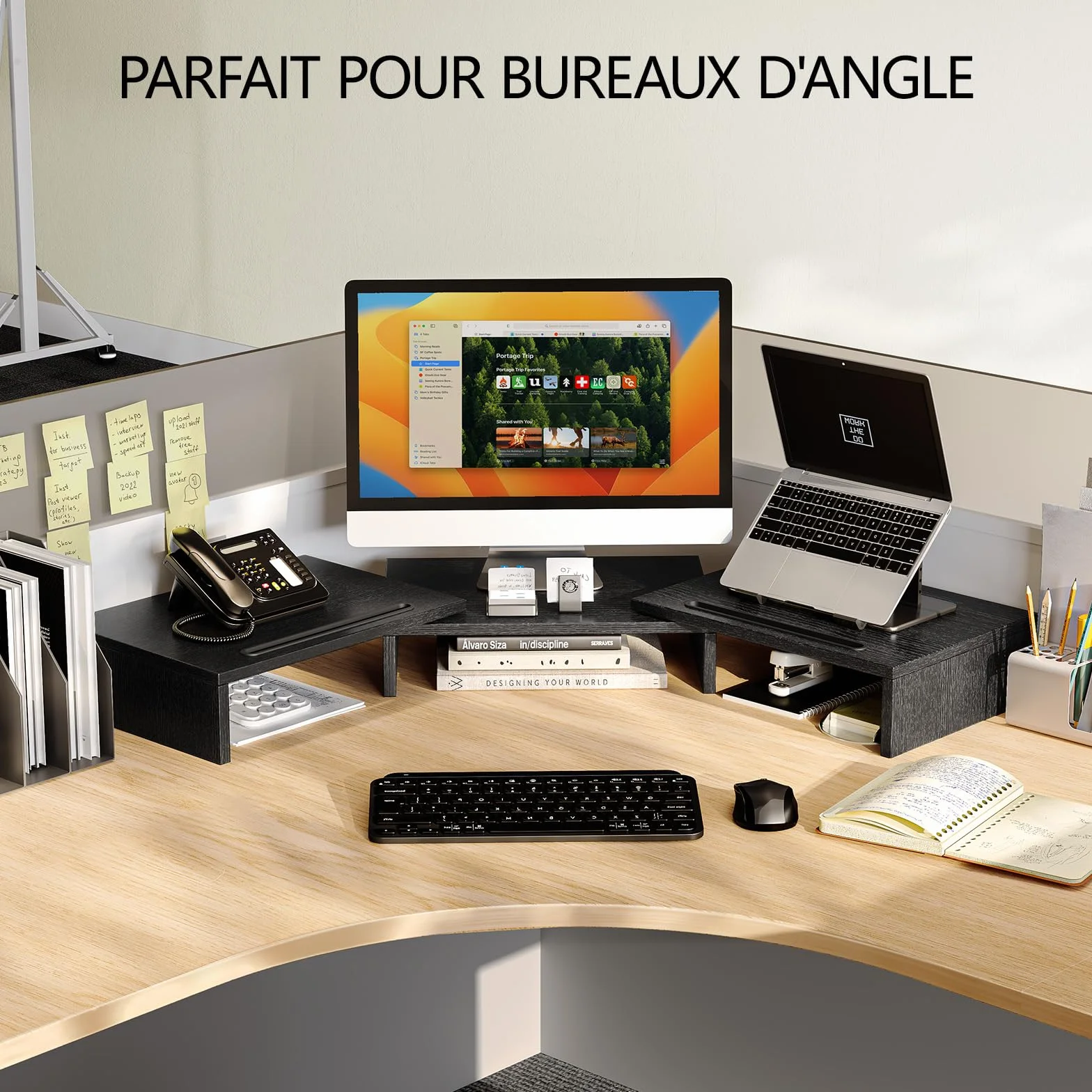 AMERIERGO Support Moniteur Double, Rehausseur Écran PC Bureau Ajustable avec 2 Fentes, Organisateur Bureau Portable