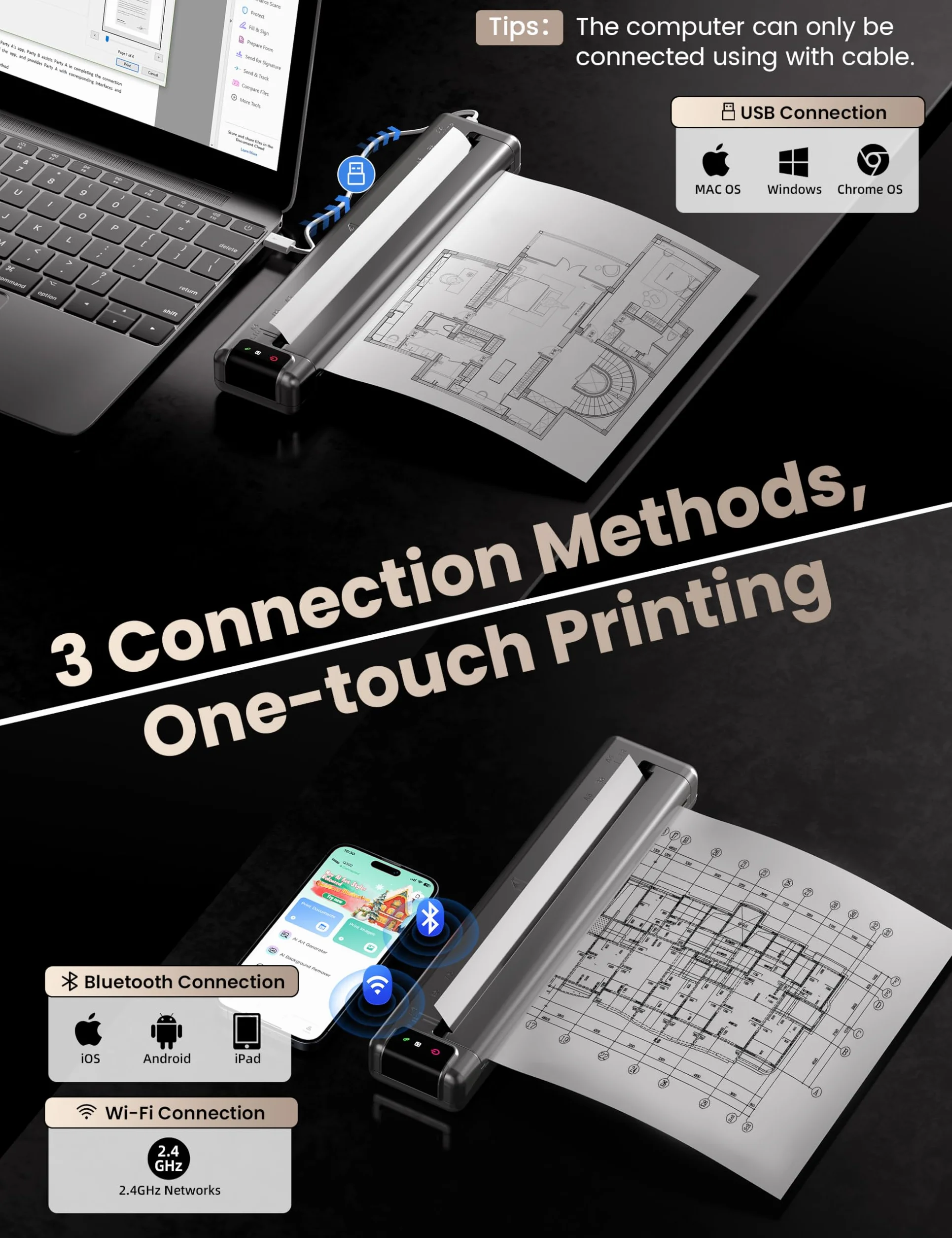 Phomemo Q302 Imprimante thermique A4 mobile WiFi Bluetooth USB 300 dpi