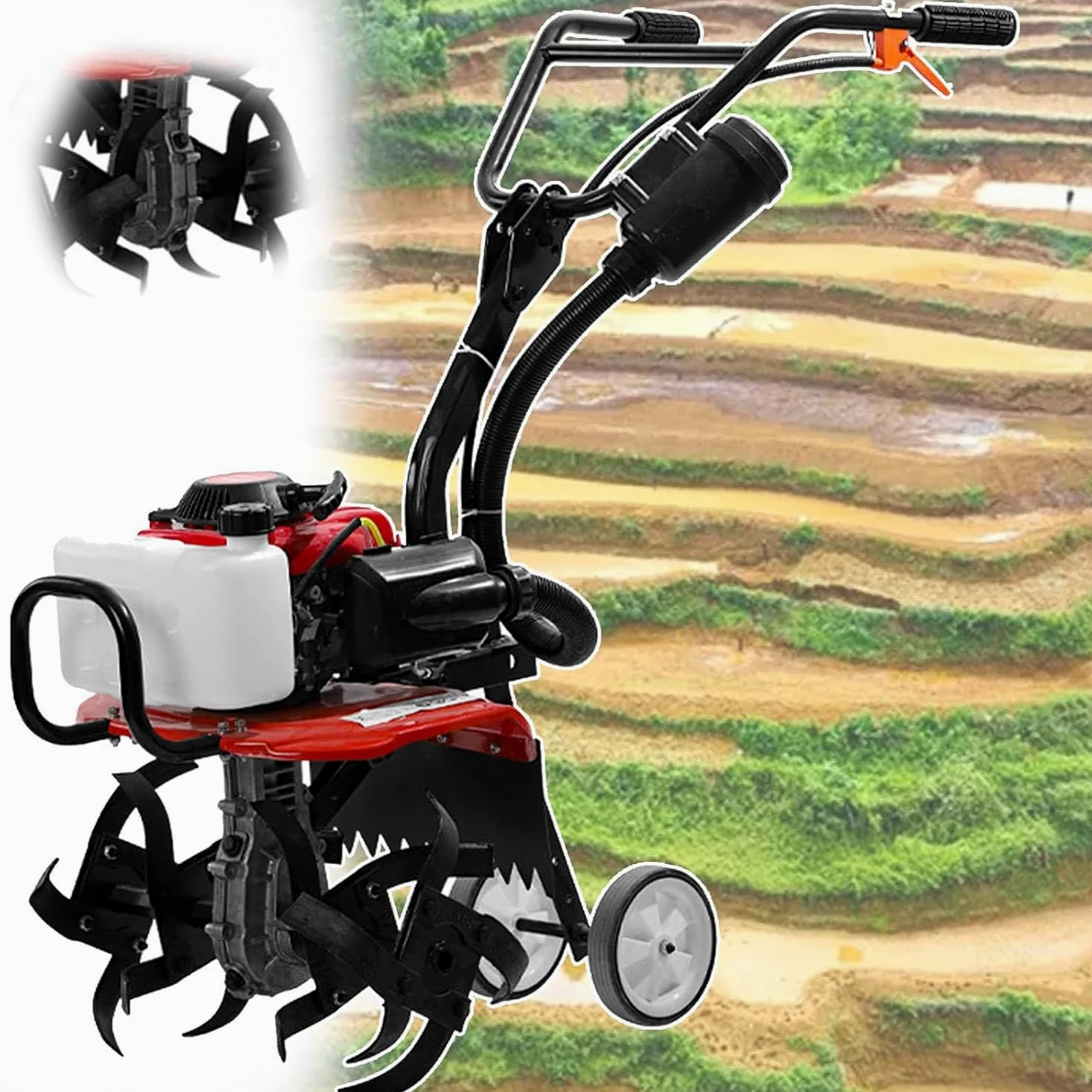 Motoculteur à essence 4 temps automoteur avec 4 lames pour un labourage efficace du sol et une vitesse de rotation élevée