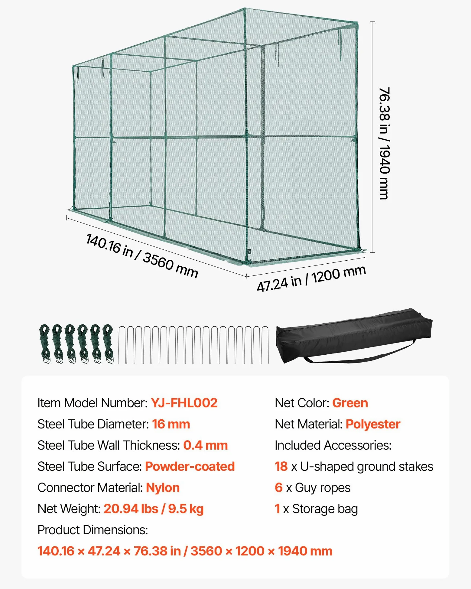 VEVOR Cage à Culture Jardin 3,56x1,2x1,94 m Cage à Plantes avec Porte Zippée pour Tomates, Filet Anti Oiseaux Résistante au Vent Filet de Protection de Plantes Couverture de Potager Surélevé Extérieur
