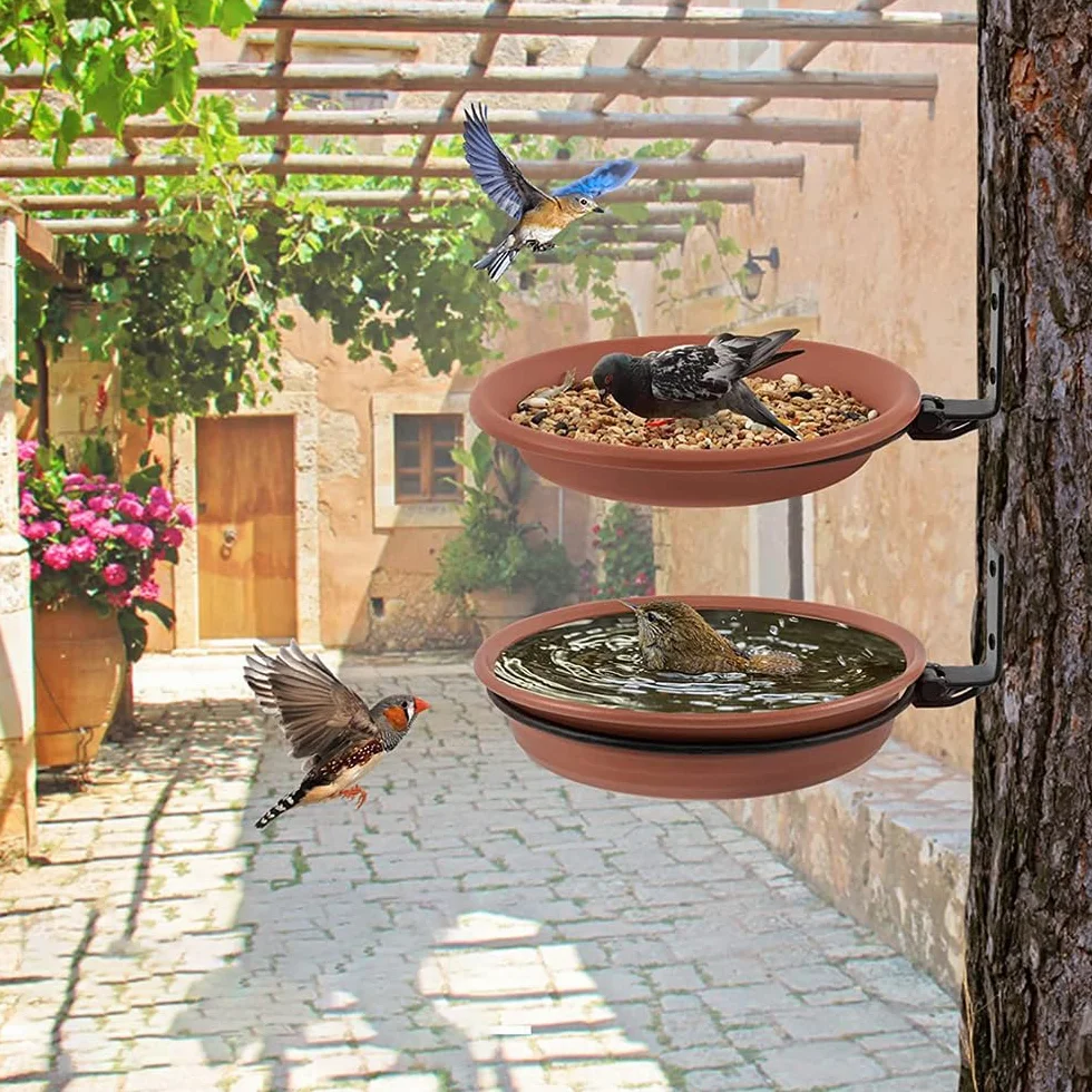Alnicov Mangeoire à oiseaux et bain d'oiseaux 2 pièces, balustrade de balcon, support mural rond
