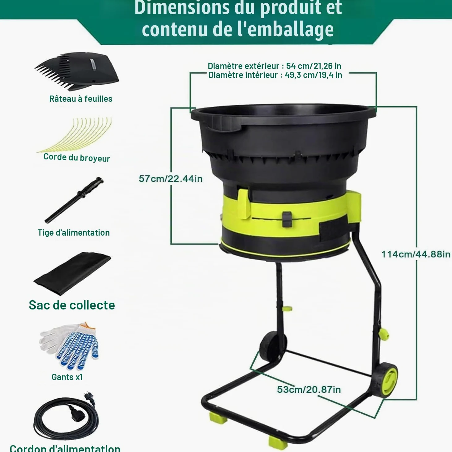 Qiang Broyeur De Feuilles électrique 2500w - Hachoir sans Lame Sécuritaire, 8000 TR/Min - Trémie Large 54cm - Ratio De Broyage 17:1 pour Compost - 208l/Min - Léger avec Roues noPowercord