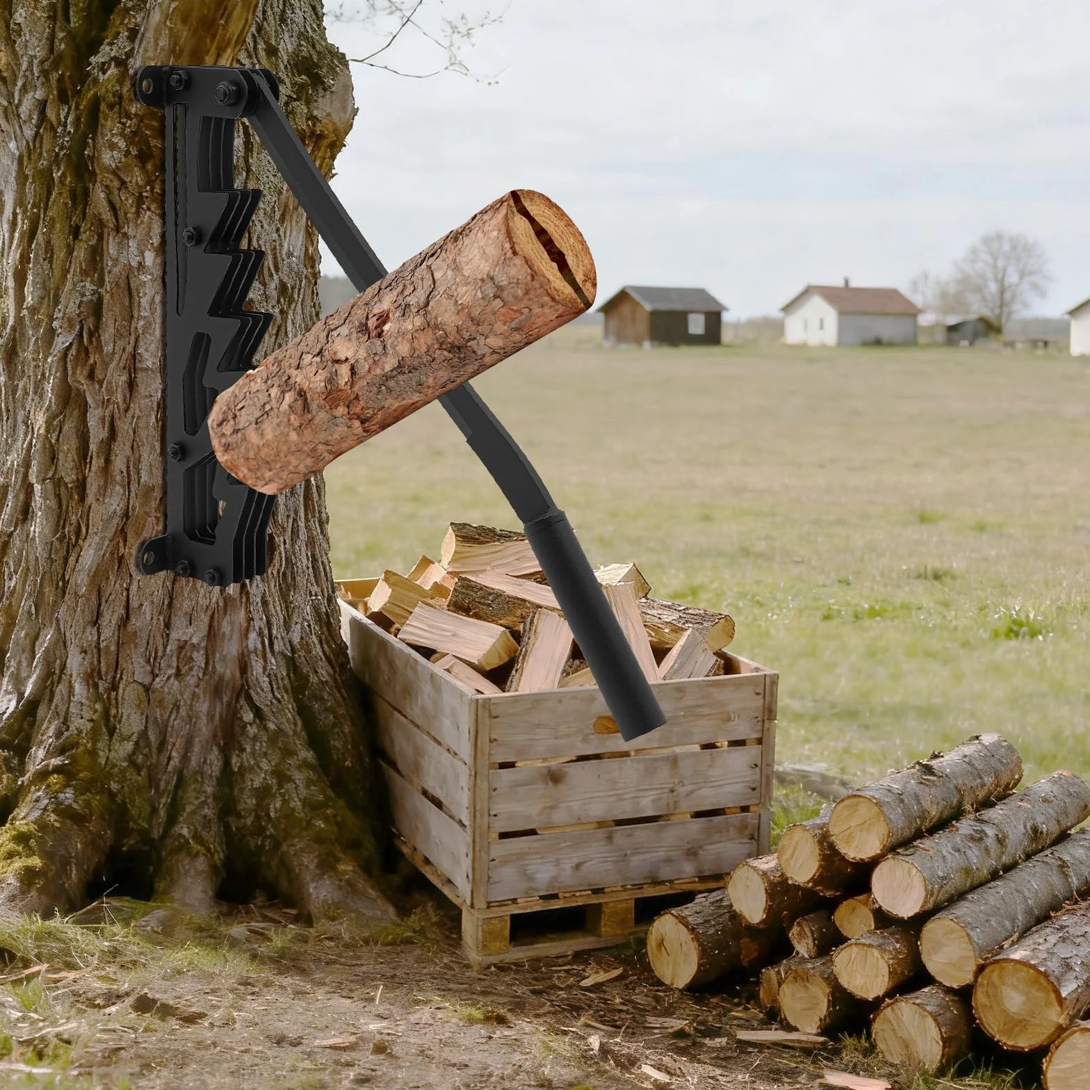 Fendeur de bûches manuel en fonte, support mural portable pour allumage de bois pour intérieur et extérieur, incl. 2 poignées détachables, porte-bois, gants et sac à bois de chauffage