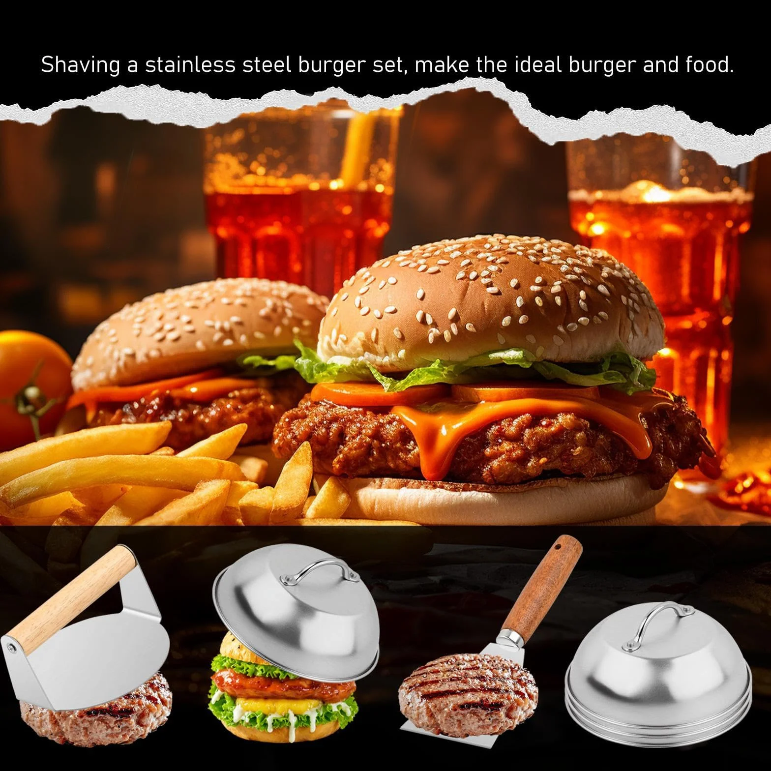 Set de 6 Pièces Smash Burger Press Kit, Acier Inoxydable, Cloche à Hamburger 15x6,5 cm, Presse à Hamburger, Spatule Plancha