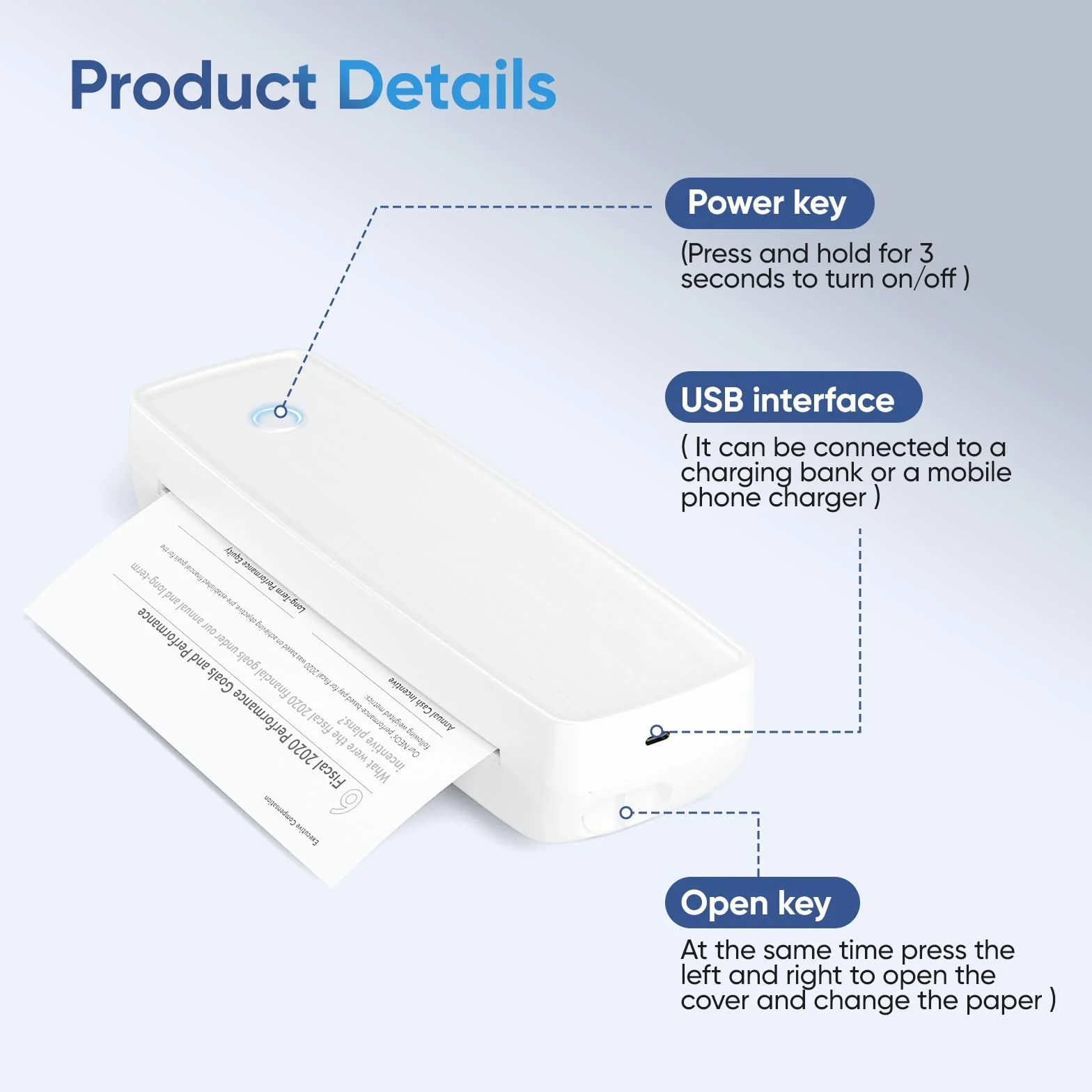 Imprimante Thermique sans Encre A4 Portable sans Bluetooth pour Voyage Maison Compatible Android iOS Blanc