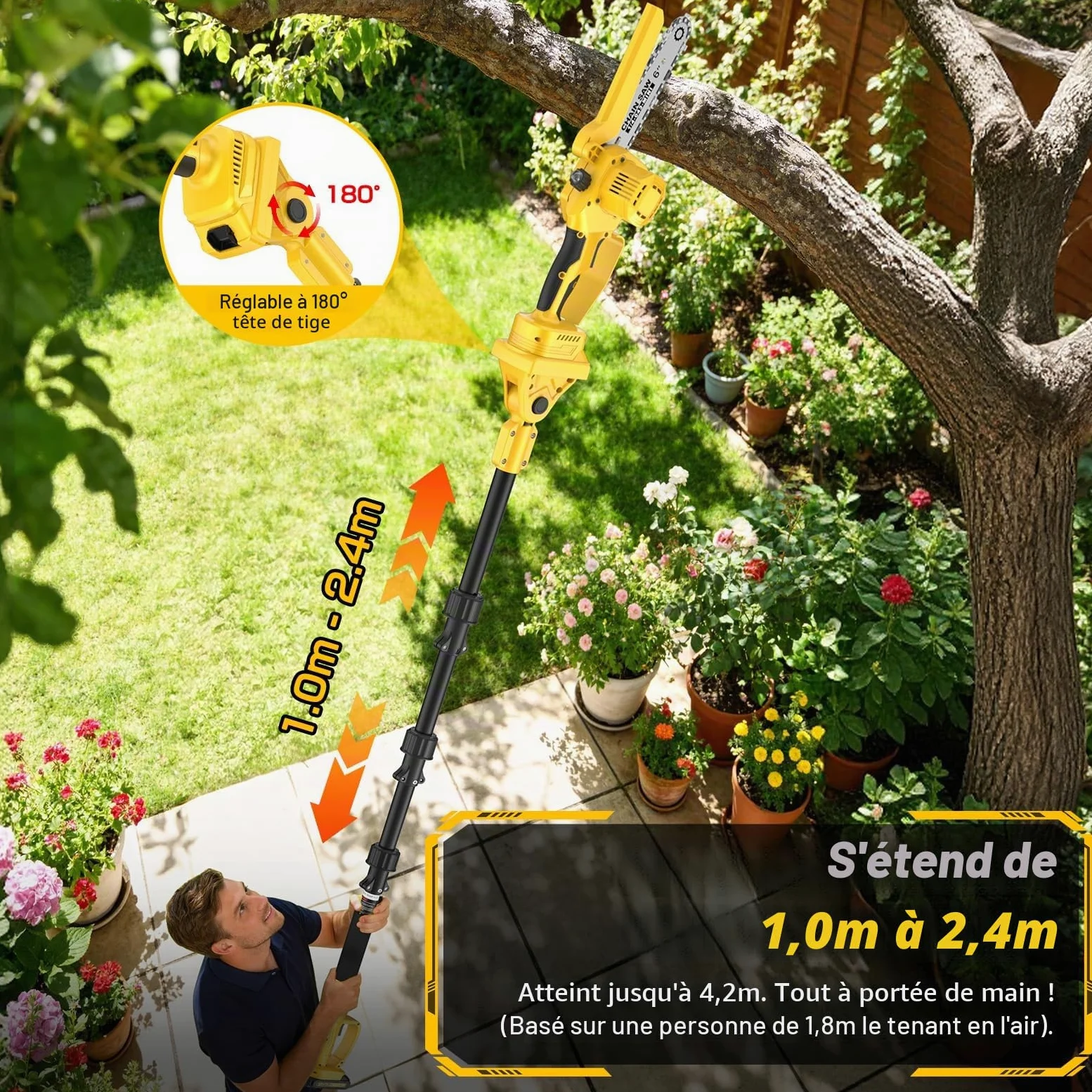4 en 1 Tronconneuse à Batterie&Secateur Electrique avec Perche Télescopique | Portée Max Jusqu'à 4,2m, 1000 W Moteur & 2 Batterie, Mini Tronconneuse 6 Pouces avec Perche pour Arbres et Élagage en Hauteur