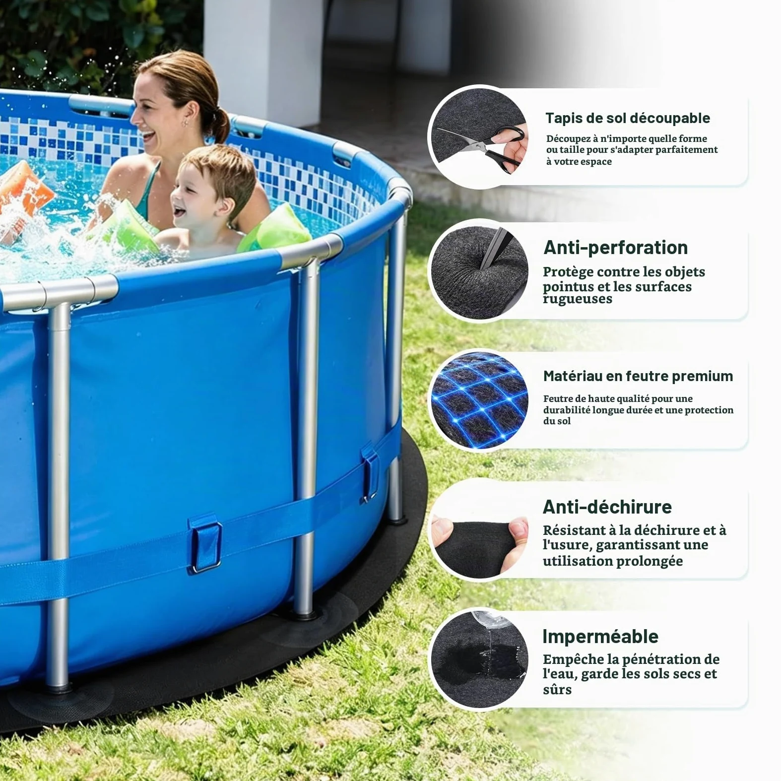 Tapis Piscine Hors Sol Rond 200cm, Tapis de Sol Piscine, Antidérapant, et Résistant aux Déchirures, Adapté aux Piscines Extérieures et aux Baignoires, Prolongeant La Durée de Vie de La Piscine