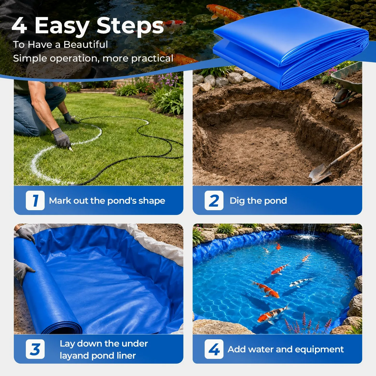 3x4m Bache Bassin, HDPE Bâche Bassin Extérieur 0.3mm Epaisseur | Liner Bassin pour Bassins à Poissons, Bassins à Tortues, Fontaines, Bassins D'irrigation, Parterres de Fleurs Surélevés