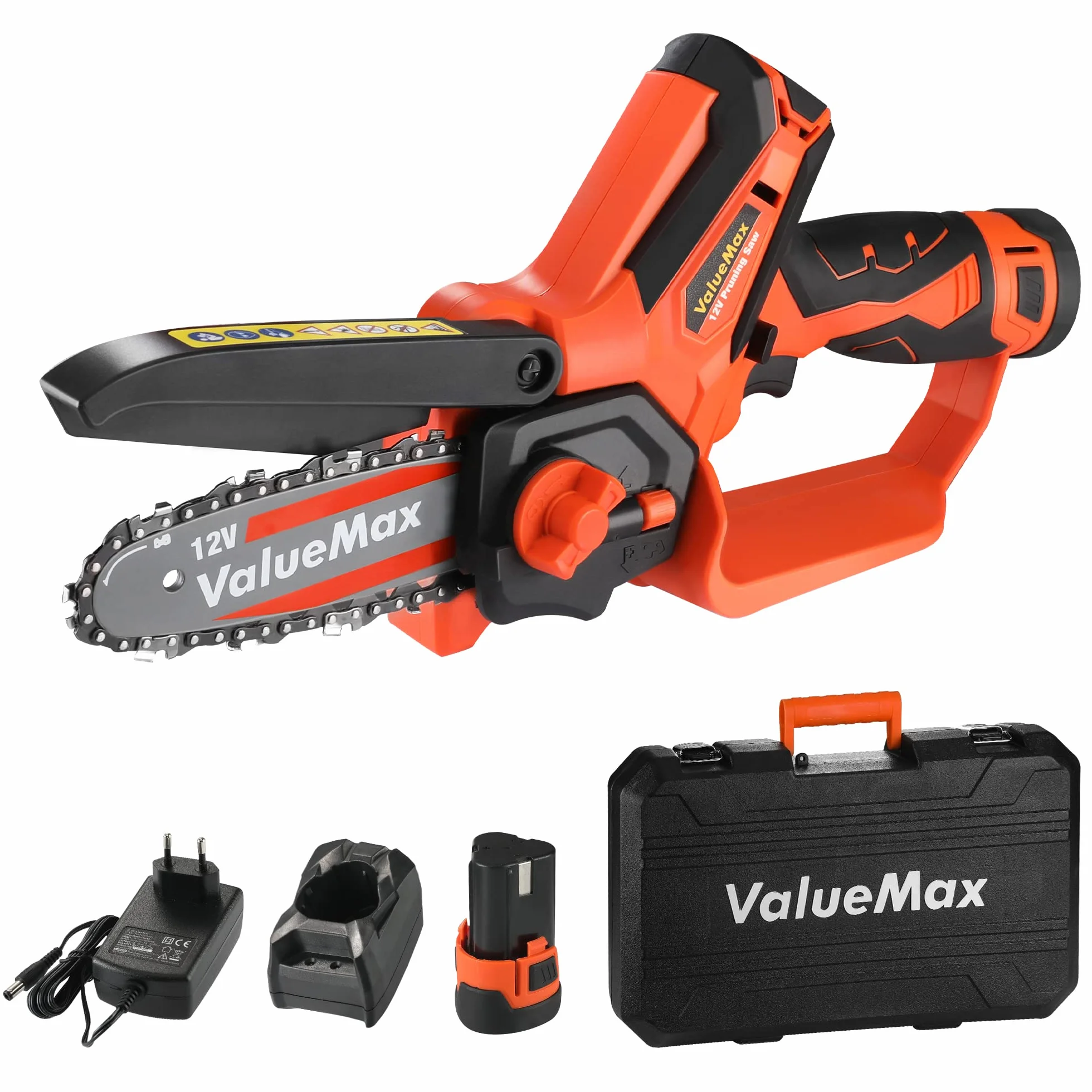 ValueMax Mini Tronconneuse a Batterie 4 Pouces | 12V Tronçonneuse Électrique Sans Fil Portable et 2 * 2000mAh Batteries pour les Branches d'arbres, l'élagage le Jardin