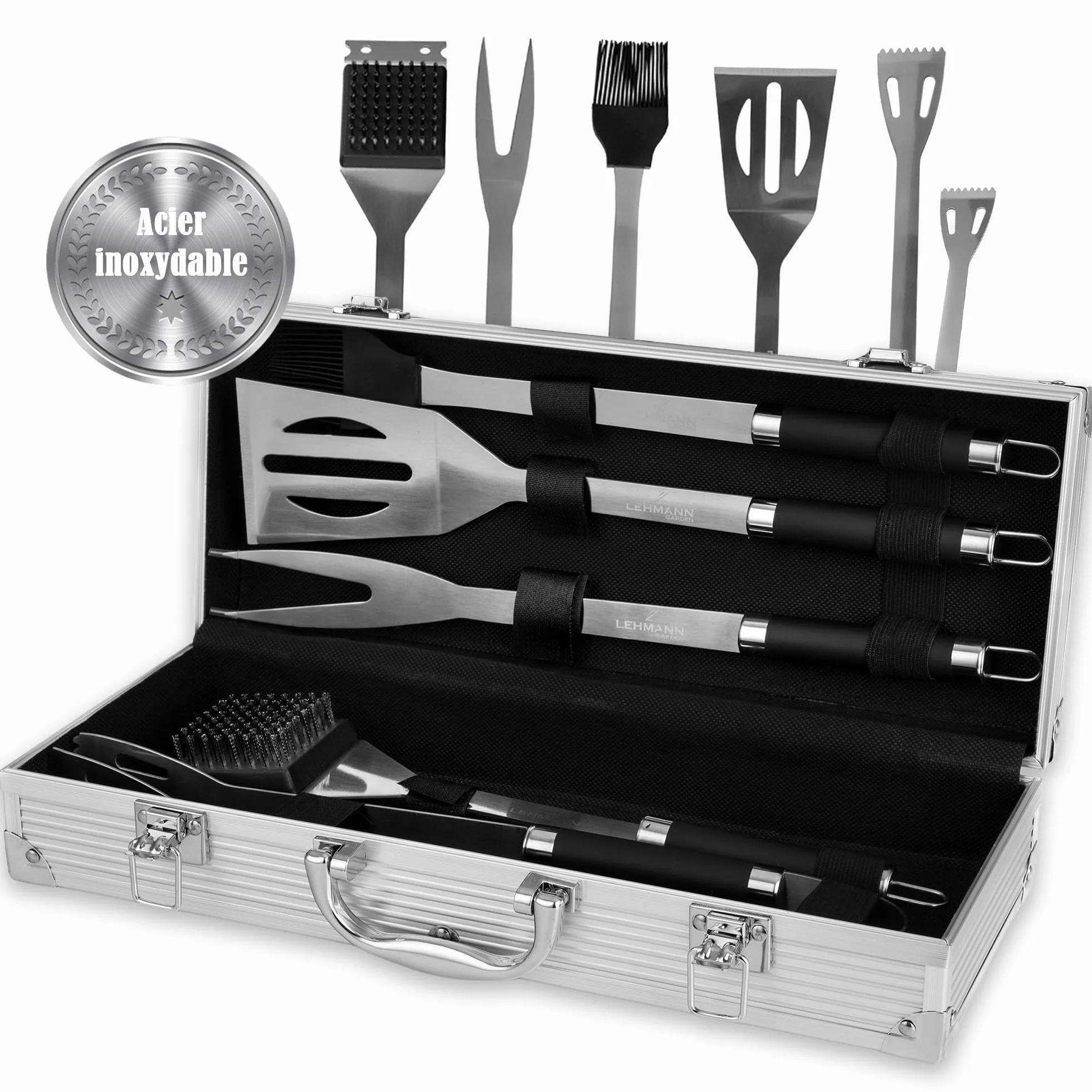 LEHMANN Kit Barbecue Acier Inoxydable 5 pcs Set Accessoires avec Mallette