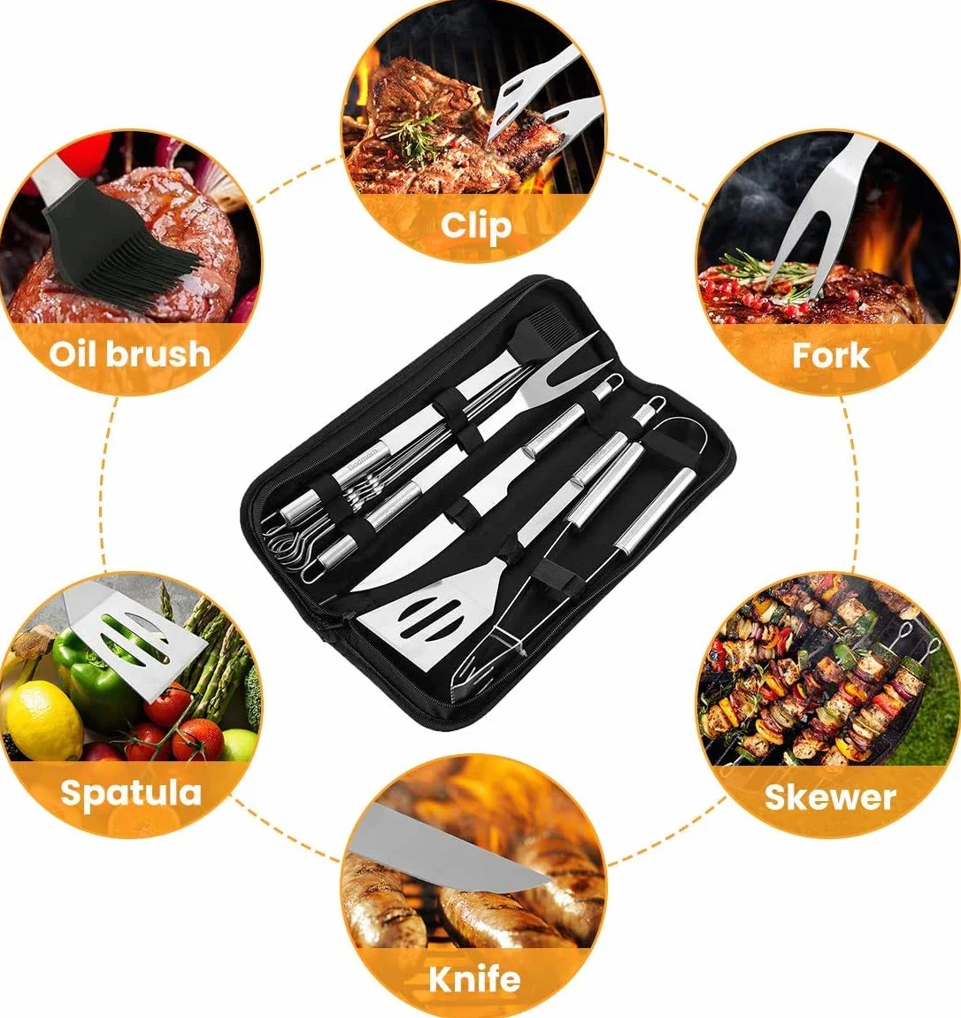 Kit Barbecue 9 Pièces en Acier Inoxydable avec Gants 800°C - Ustensiles de Cuisine pour Grillade