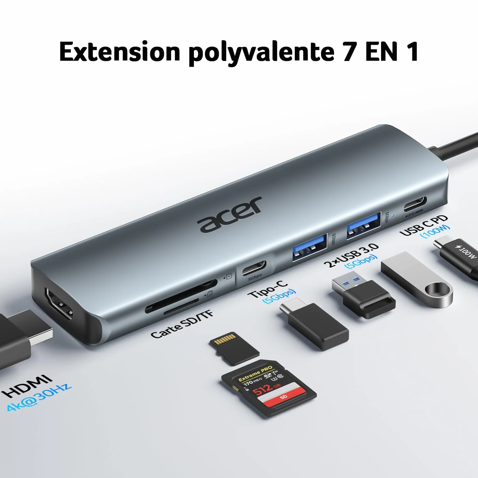 Acer Adaptateur USB C vers HDMI 4K PD 100W Lecteur de Carte SD TF 2 USB 3.0 USB C 5Gbps