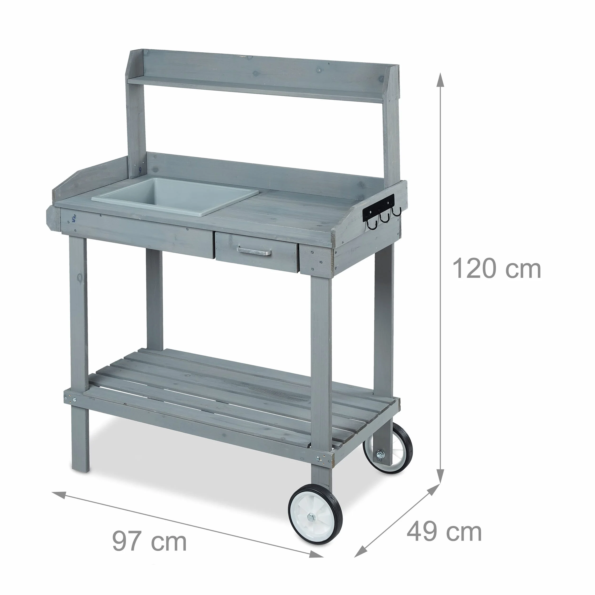 Relaxdays Table pour Plante avec roulettes, bac et tiroir, Bois, Plastique, 120 x 97 x 48 cm, Gris