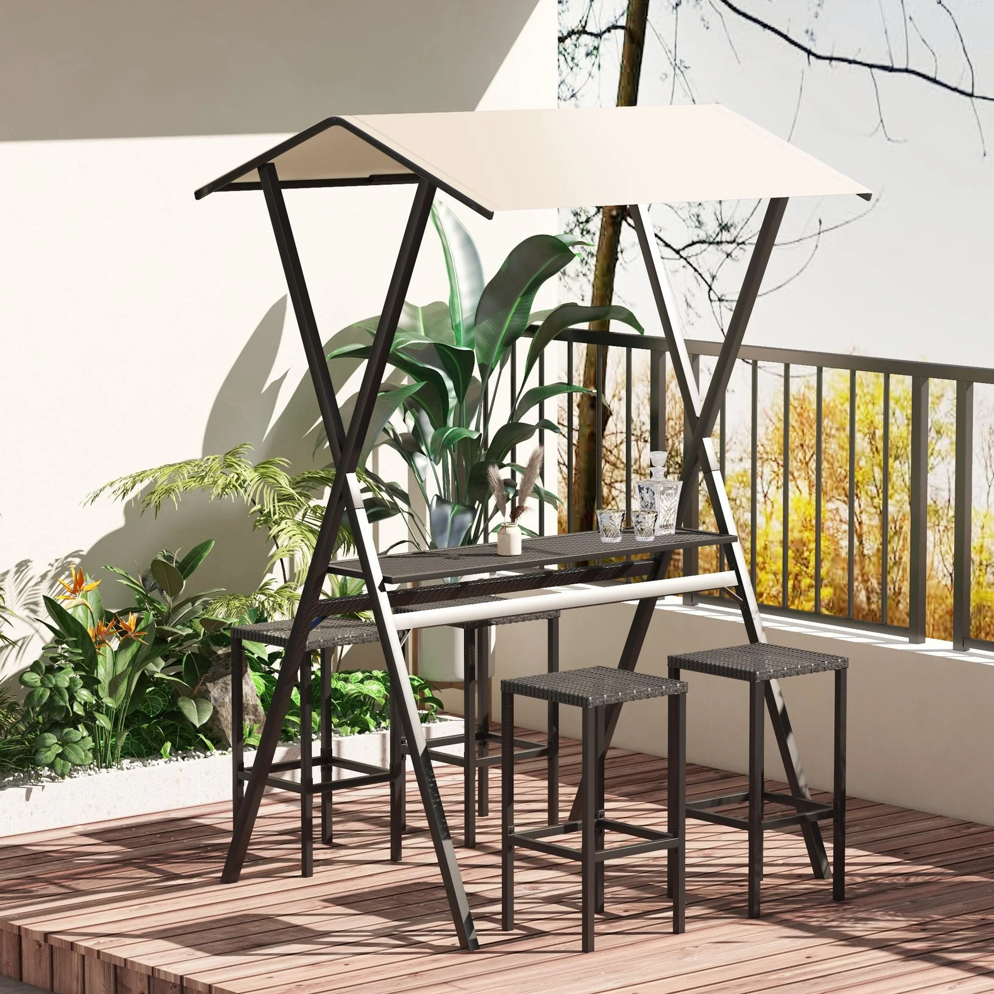 Outsunny Ensemble de bar de jardin en rotin 4 tabourets table haute avec toit acier noir