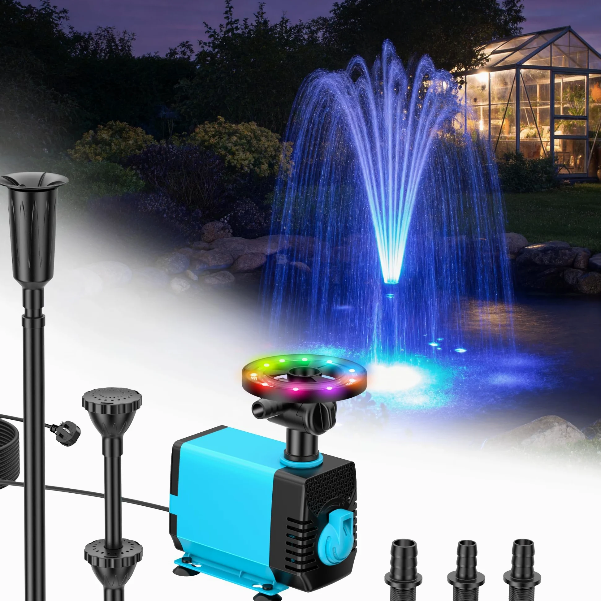 POPOSOAP Fontaine de Bassin Solaire avec lumières RGB - Pompe Submersible 40W, débit 2100L/h, Hauteur et débit réglables pour décoration Jour & Nuit et amélioration de la qualité de l’Eau