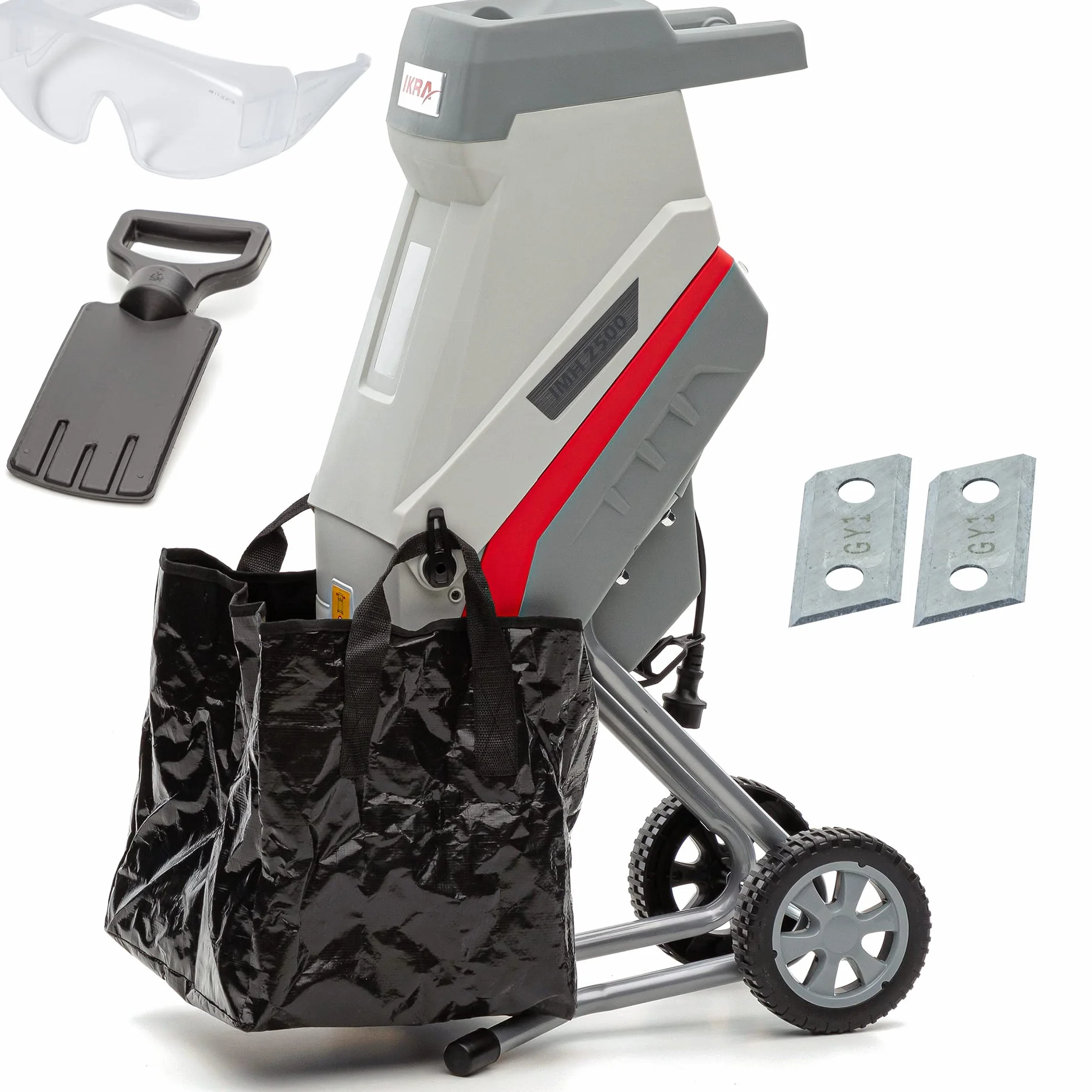 IKRA broyeur électrique IMH 2500, avec lame de rechange et lunettes | Sac de ramassage de 45 l, moteur haute performance, 2500 W, lames réversibles durables, idéal pour la production de paillis