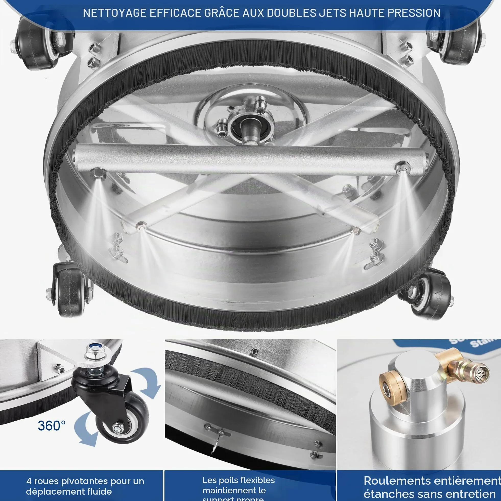 Nettoyeur de Surface pour Nettoyeur Haute Pression de 35,6 cm avec 4 Roues, Prise à Connexion Rapide de 6,35 mm, Fixation de Nettoyeur Haute Pression en Acier Inoxydable Robuste pour allée en