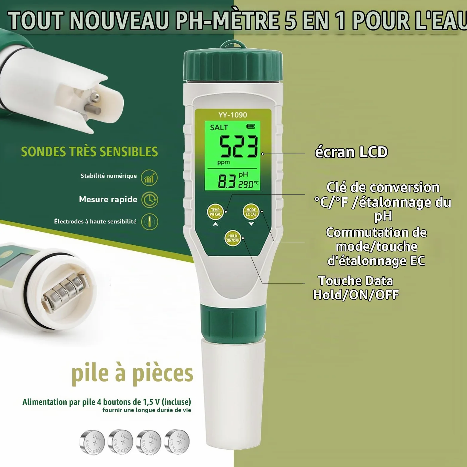 PH Mètre 5 en 1, EC TDS Salinité Température avec Affichage Simultané Trois Données Innovant, Test pH Piscine IP67 étanche, Testeur Salinité pour Eau Potable, Aquariums, hydroponie