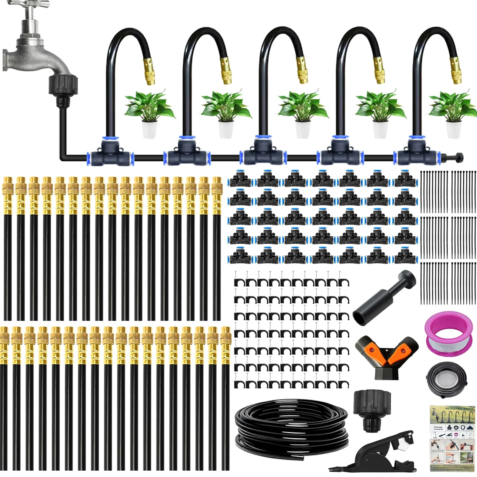 Kit de système d'irrigation goutte à goutte de 35 m, kit d'arrosage réglable à 360° (35 m) | Système d'arrosage automatique pliable pour jardin, buse d'arrosage en cuivre, système d'atomisation, accessoires de serre