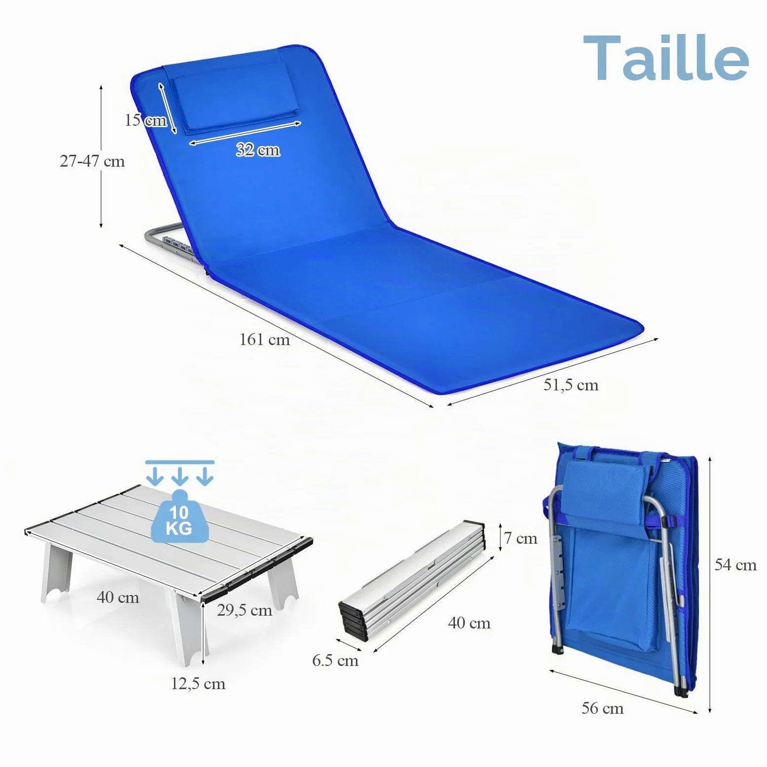 KOMFOTTEU Lot de 2 Matela de Plage Pliable avec Table Basse, Tapis de Plage, Dossier réglable en 5 Positions, Lits de Plage avec Appuie-tête, Portable avec Bandoulière, 151 x 55,5 cm (Bleu)