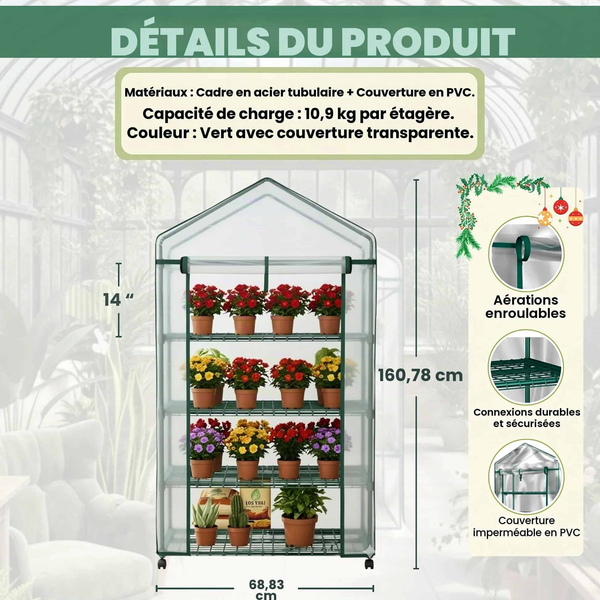 Home-Complete Mini Serre Portable à 4 Niveaux avec Roues verrouillables et Housse en PVC pour intérieur ou extérieur - 68,6 x 48,3 x 160 cm