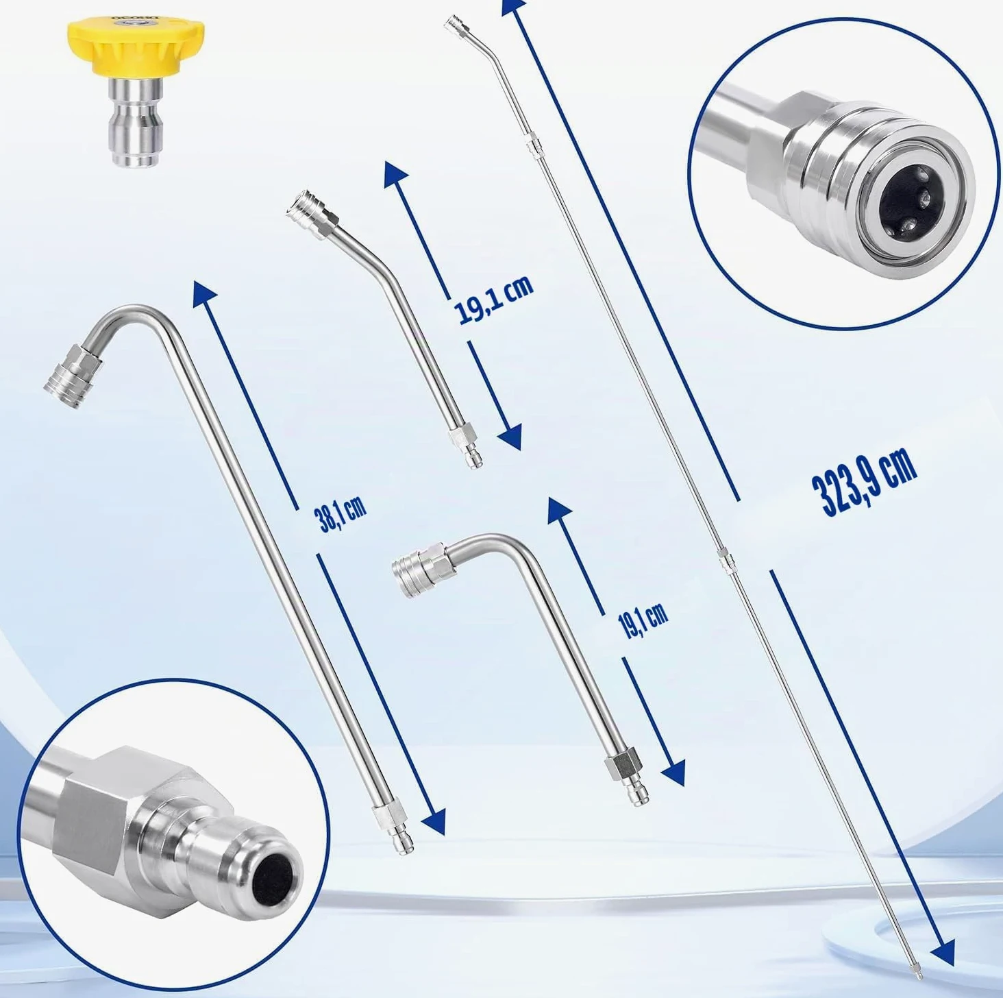 M MINGLE Rallonge de Lance pour Nettoyeur Haute Pression 3 m, 280 bar | Accessoires pour Nettoyeur Haute Pression avec 5 Buses, Tiges Courbées 30°/90°/120°, Raccord Rapide 1/4"